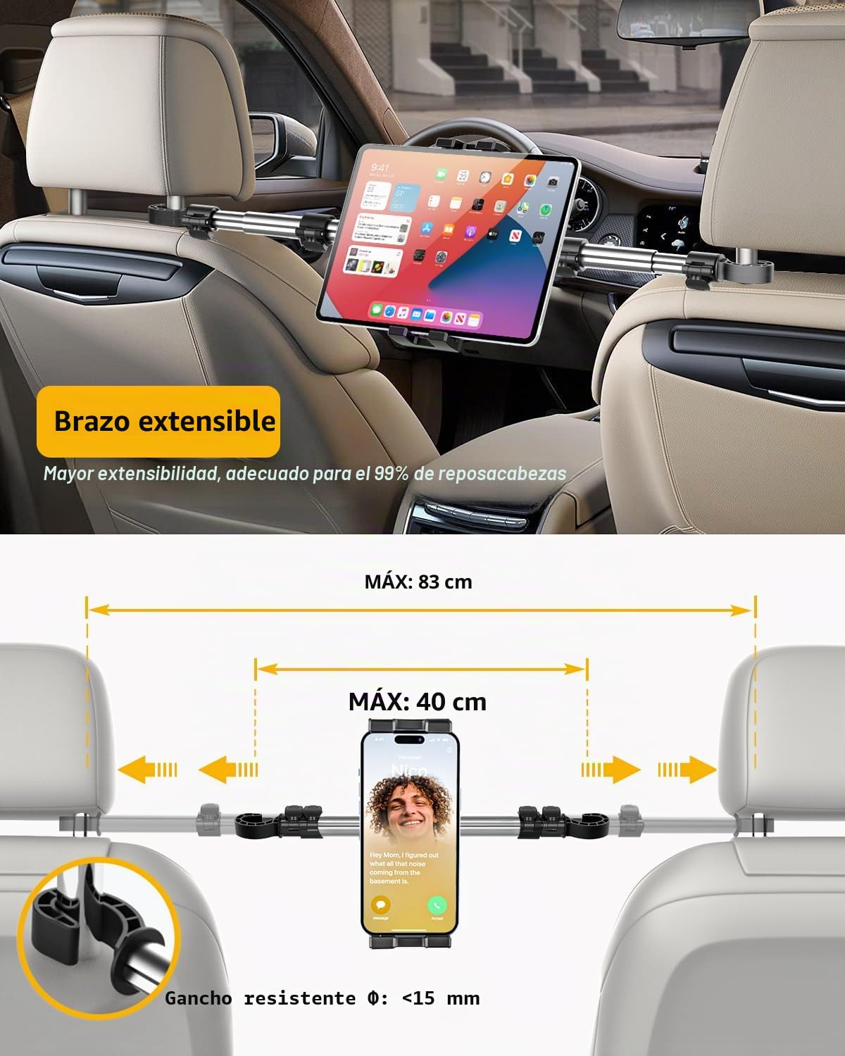 Soporte Reposacabezas Tablet Coche Central, Soporte Tablet Asiento Trasero con Brazo Telescópico de Aluminio para iPad Pro 9.7 10.5 12.9 Air Mini iPhone, 4-12.9" Tablets & Móvils