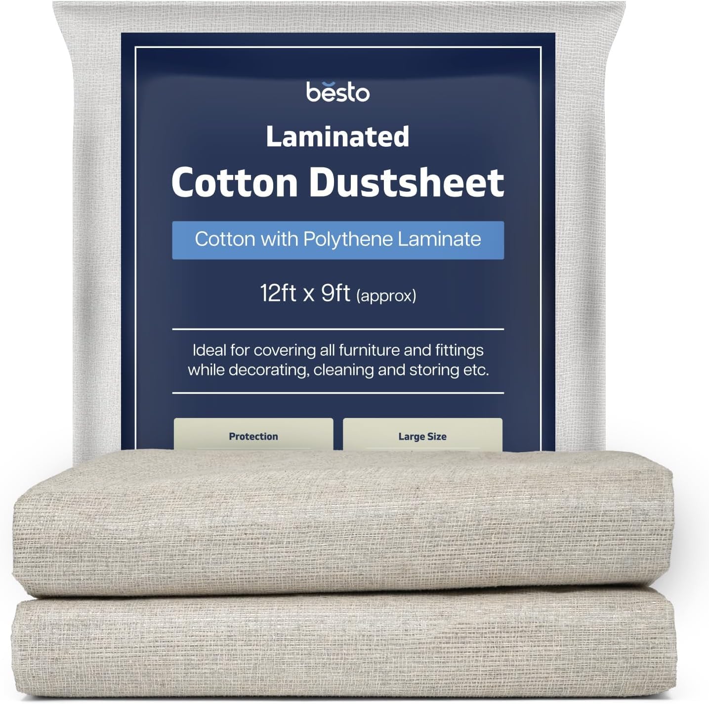 Besto Dust Sheets for Decorating Waterproof 12ft x 9ft Twill Laminated Polythene Backed Reusable Paint Sheets for Furniture, Painting, Floor, Staircase and DIY Projects (Pack of 2)
