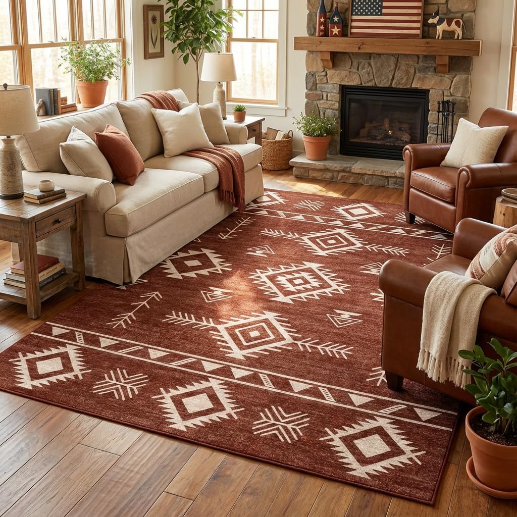 5x7 Area Rug Southwestern Tribal Geometric Rug with Non Slip Backing, Washable Low Pile Red Brown Cream Carpet for Bedroom, Living Room, Dining Room, Home Office