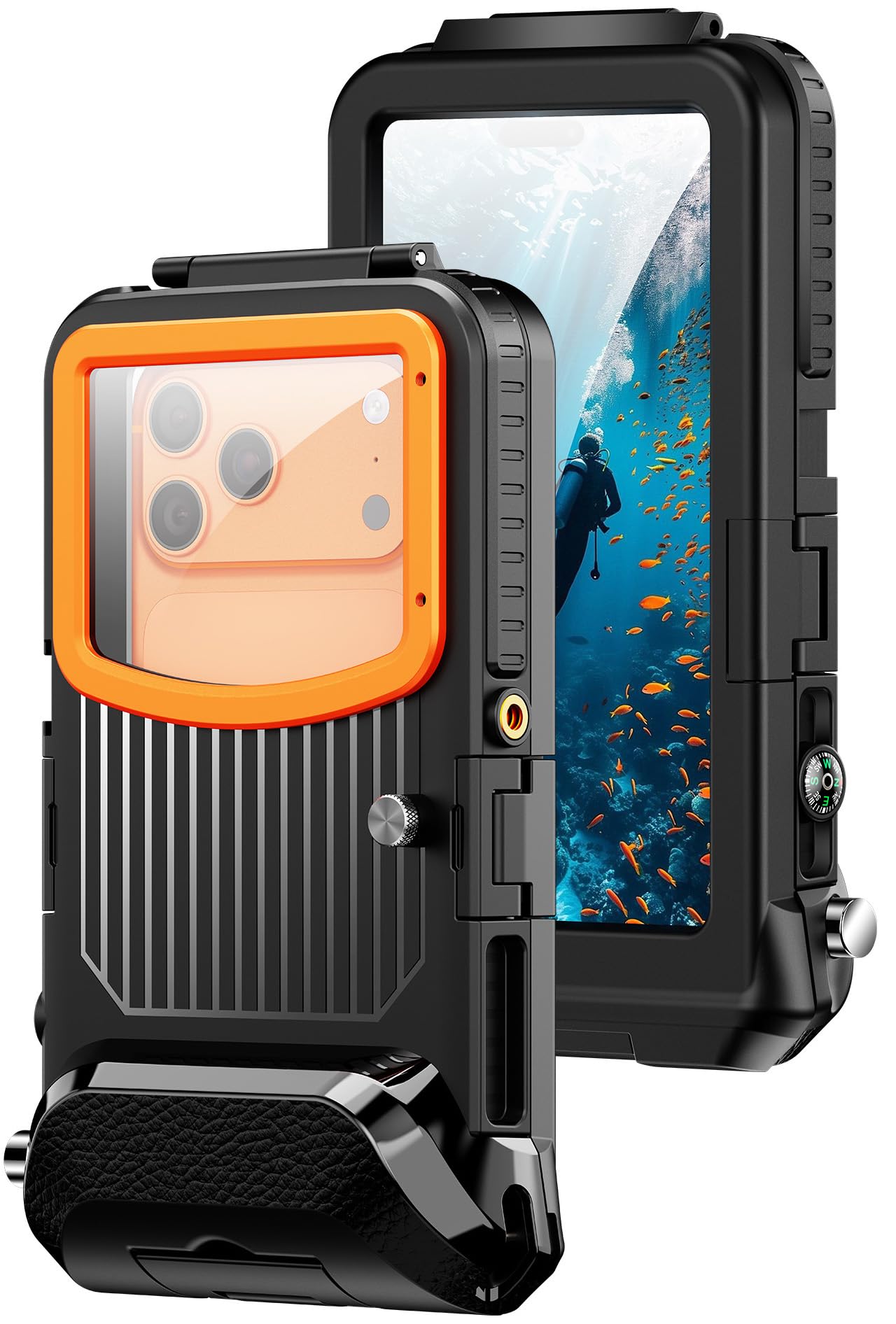 Mangix Funda de teléfono subacuática para iPhone 17/16/15/14/13 Pro Max/Pro/Plus/Air y más, fotografía subacuática de 15 m para esnórquel, video fotográfico, negro/naranja