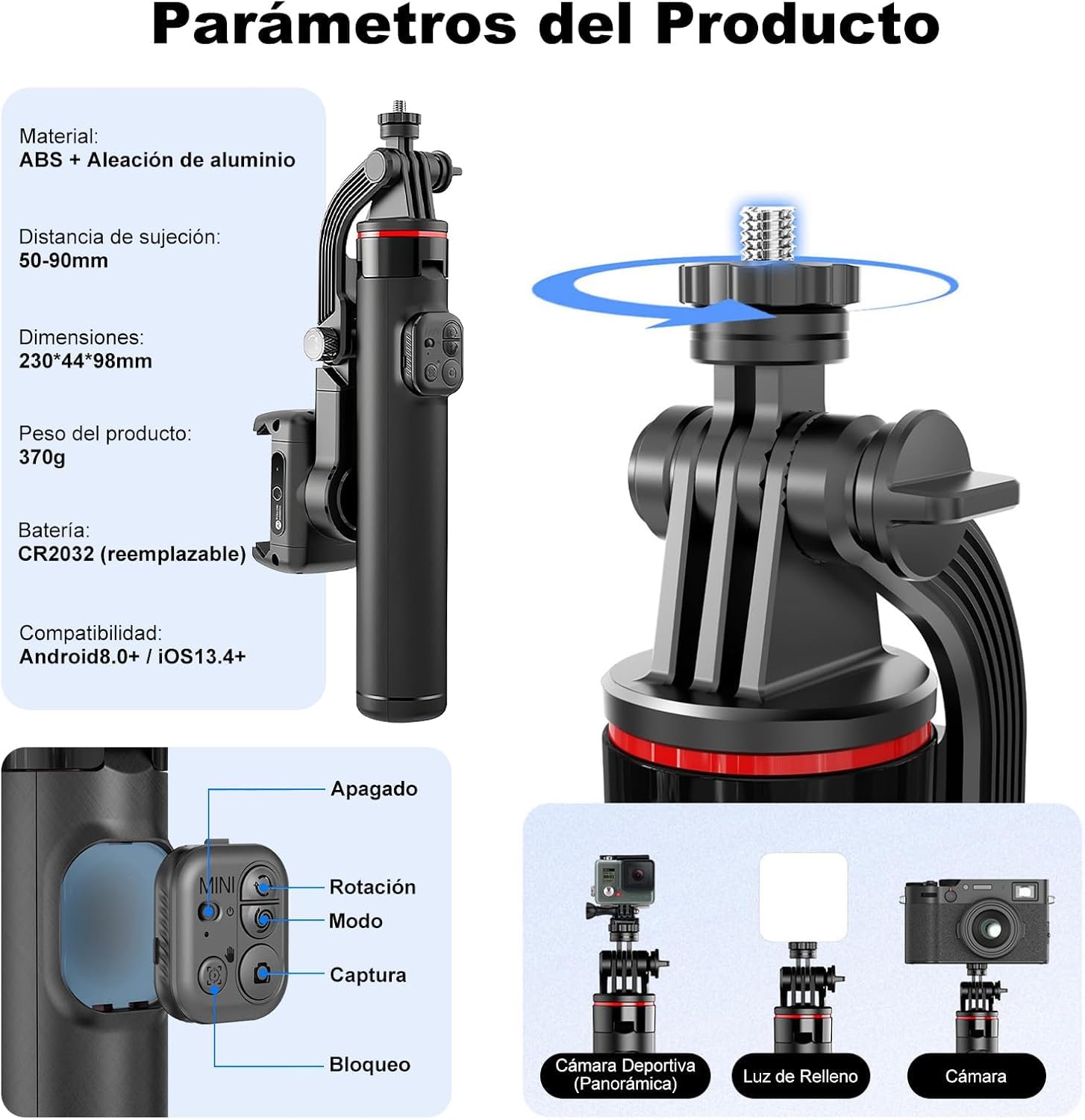 Soporte Estabilizador Gimbal Selfies con Seguimiento De IA, 360° Inteligente Tripode Plegable Portátil para Android Y iPhone, Youtube, Vlogging, TikTok con App (C22)