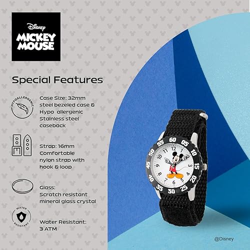 Miniatura 4 de Disney Mickey Mouse Reloj para niños con bisel de acero inoxidable, profesor de tiempo analógico, correa de nylon