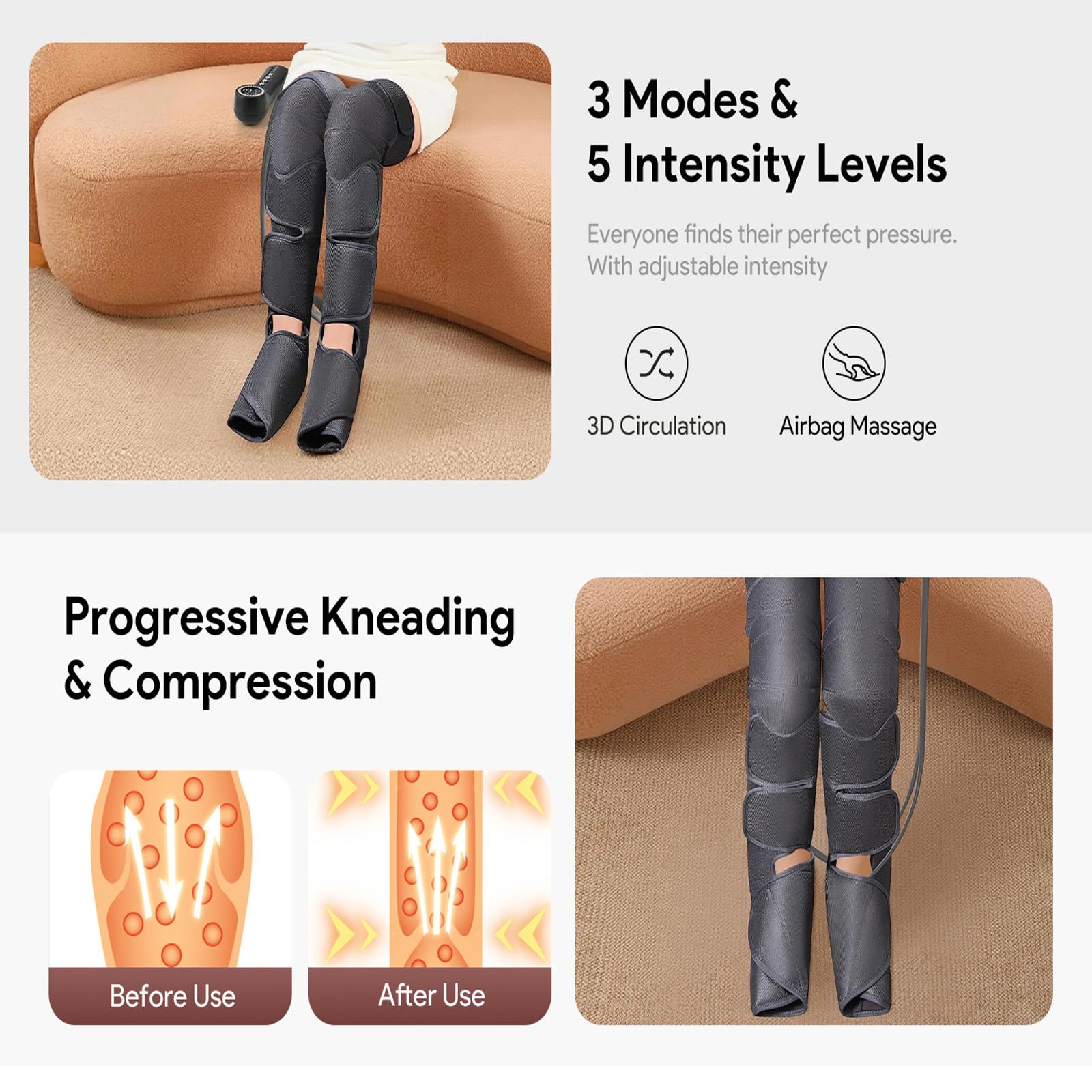Masajeador de Piernas, Botas Presoterapia Piernas con Compresión Aire, Circulación Sanguínea, Alivio del Dolor y Relajación Muscular, Ideal para Masaje de Pies, Piernas, Pantorrillas y Muslos