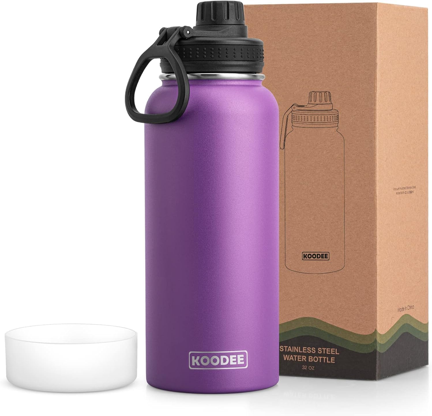 koodee Insulated Water Bottle, 32 oz Stainless Steel Double Wall Vacuum Wide Mouth Sport Bottle with Leakproof Spout Lid (Purple)