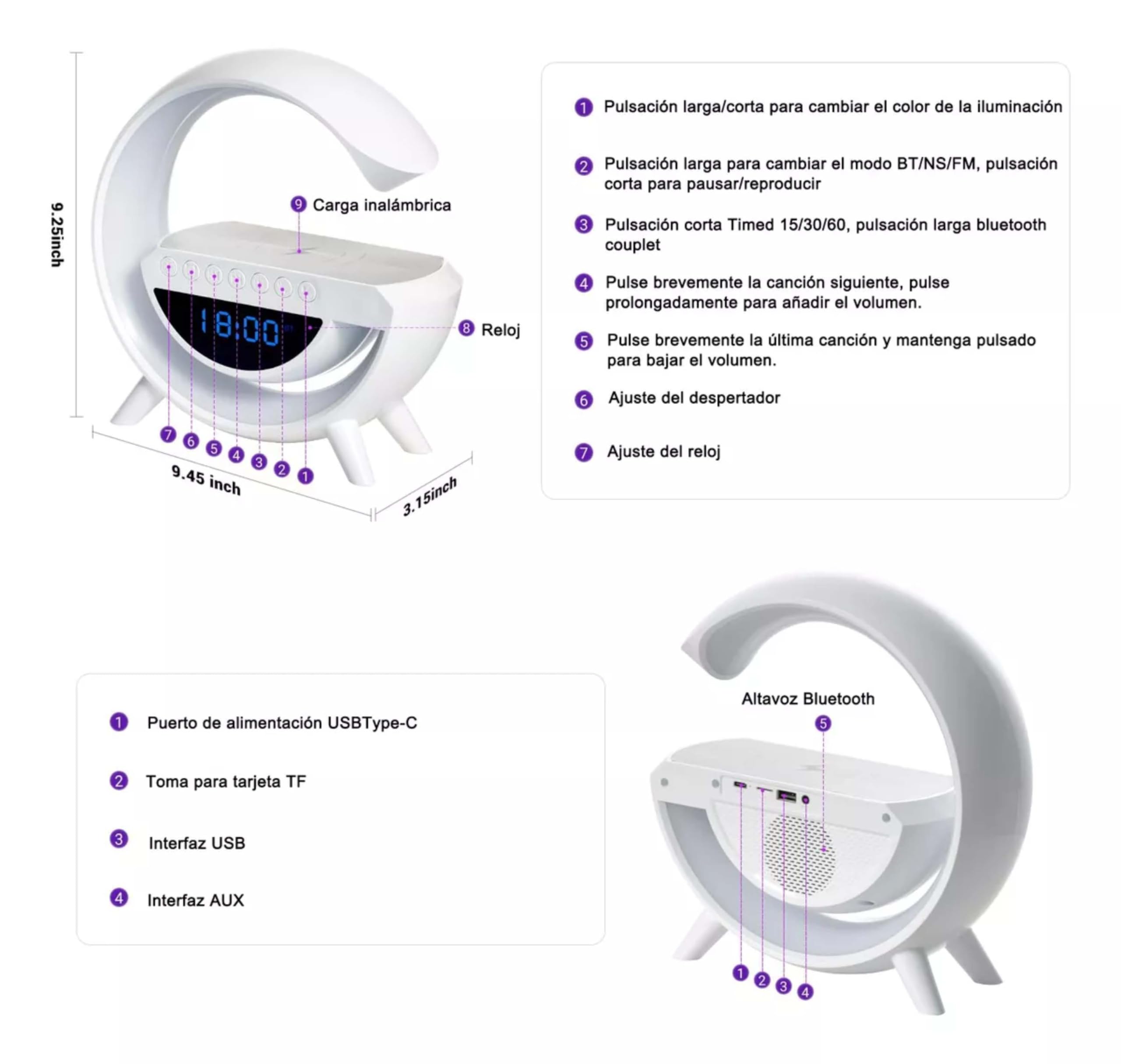 Altavoz Inteligente Sandalfon con Cargador Teléfono Inalámbrica, Bluetooth, Reloj Despertador con Luz, Lampara de Mesa LED Sincronización de Música 5 in 1, Dormitorio, Habitación, Oficina , Regalos