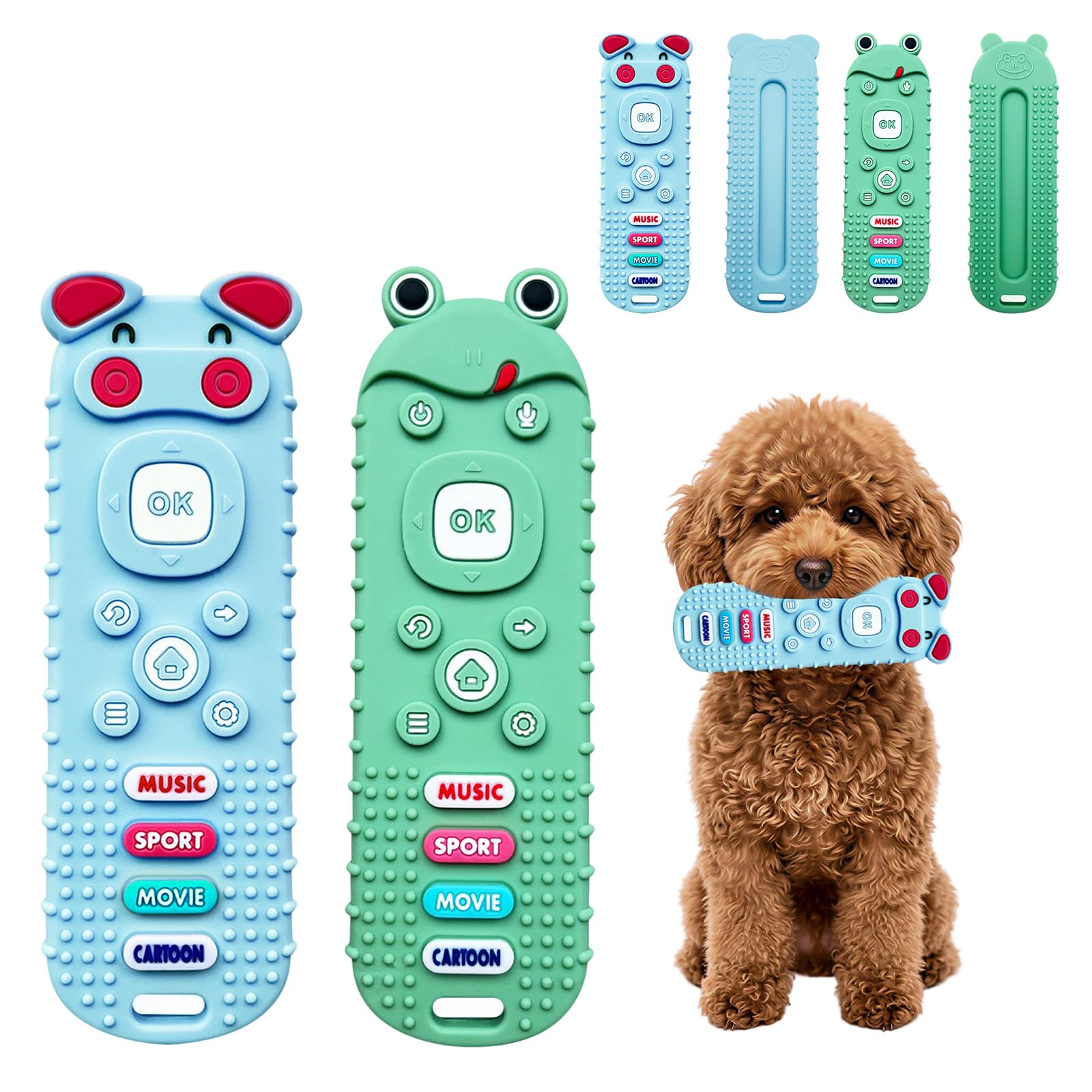EOAMGO 2PCS Remote Control Design Puppy Teething Toys for Small Dogs – Puppy Chew Toy, Teething Toys for Puppies, Interactive Pet Toy, Boredom Relief Chew for Small Breeds (Frog Green+Pig Blue)