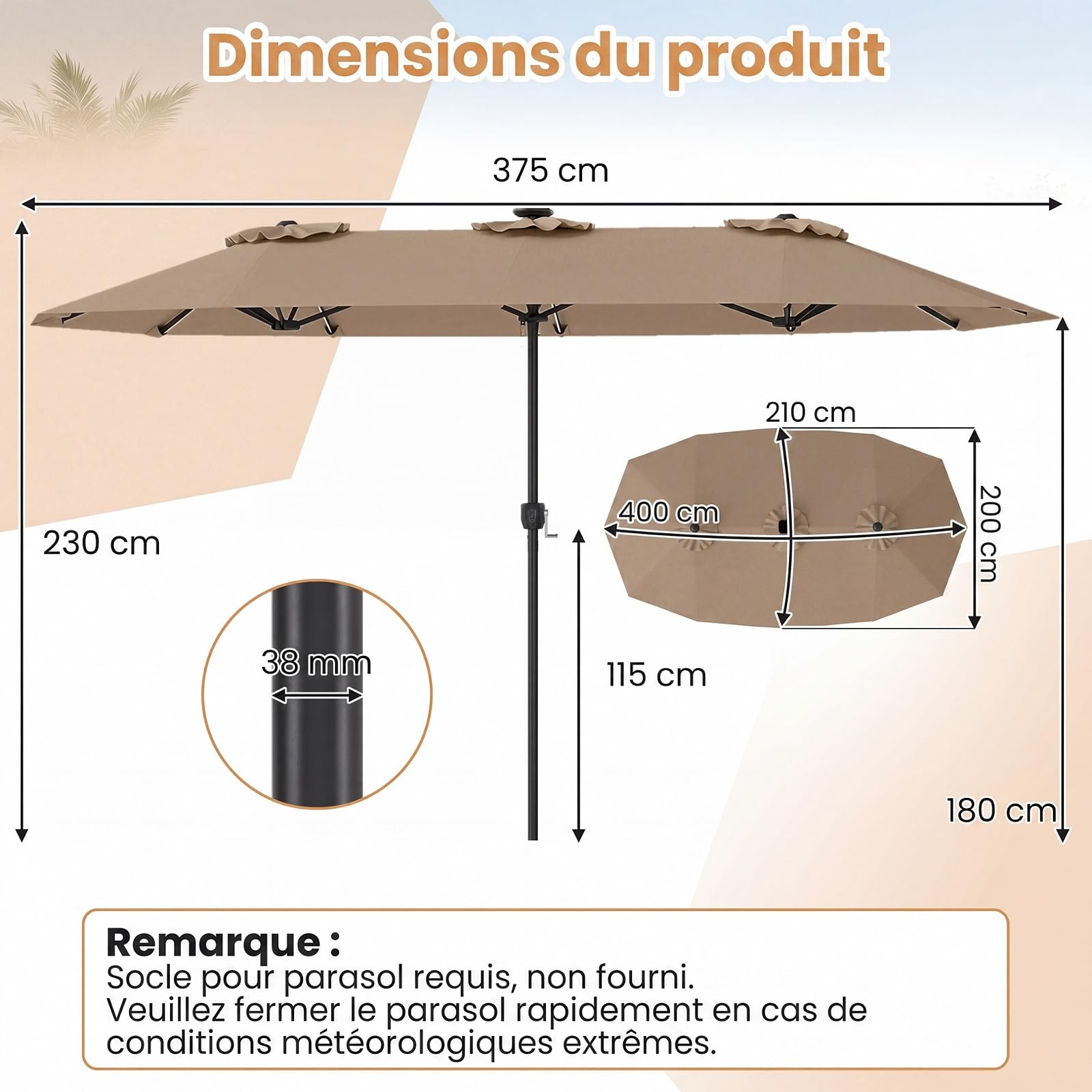 COSTWAY Parasol de Jardin Double 400 x 210 cm, Grand Parasol Rectangulaire avec LED, Manivelle Pratique, Structure à 12 Baleines, Protection Solaire pour Terrasse, Balcon, Camping (Marron)