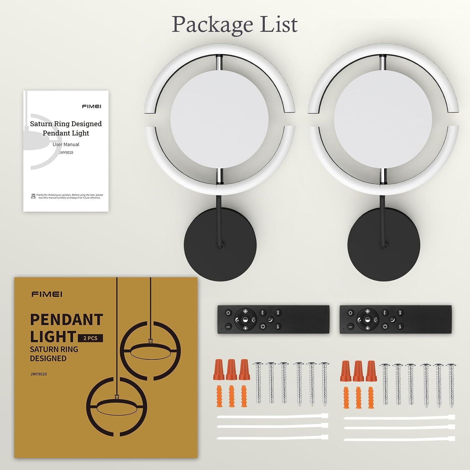Image showing the package contents of the FIMEI LED Saturn Pendant Light, including the lights, remote controls, and installation hardware.