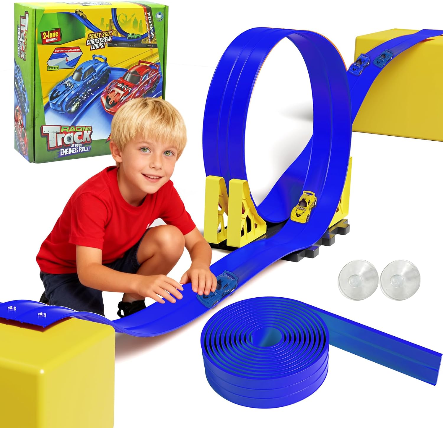 20ft Build Anywhere Portable Race Track with Suction Cups - Flexible Roll-Up Design Fits 1/64 Scale Cars, Portable Toy Gift for Kids 4+ Year Old (2 Tracks/Blue)
