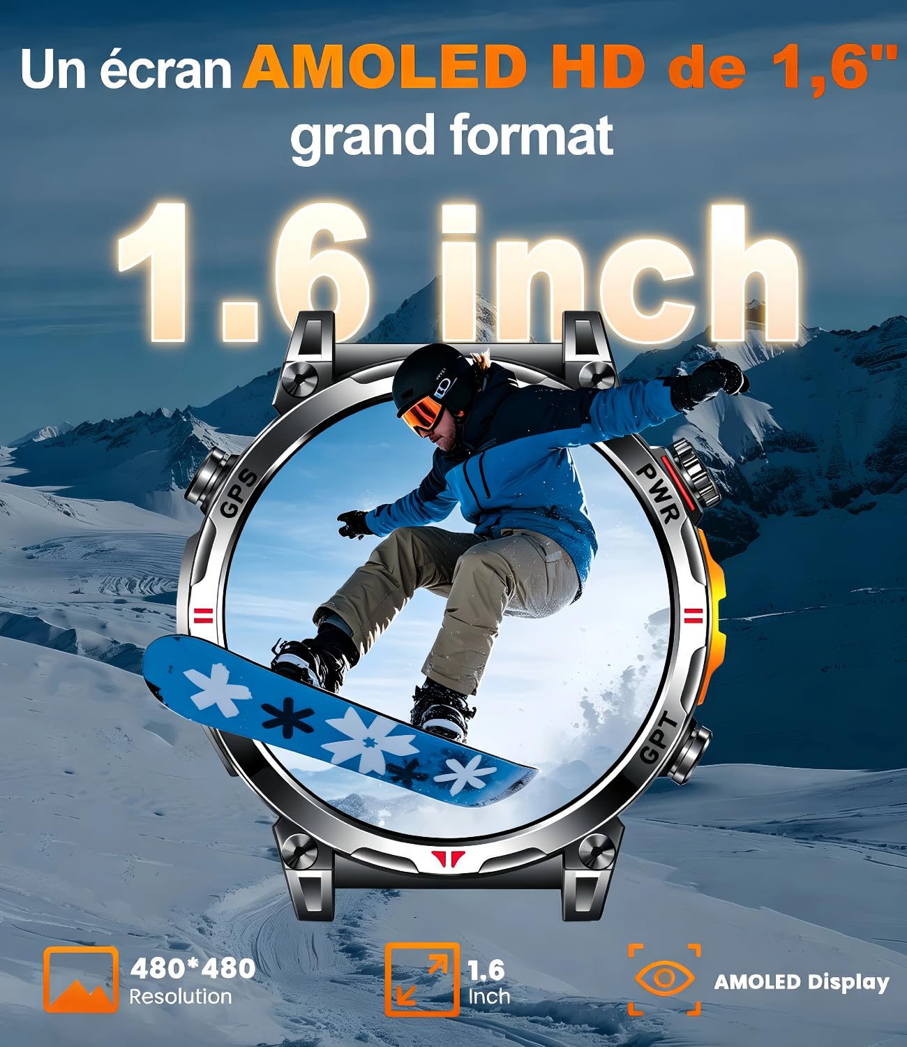Montre Connectée Homme GPS Intégré, Boussole, Altimètre, Baromètre, 1.6" AMOLED Montre Connectée avec Appels Bluetooth, Suivi Santé, 100+ Sportifs, Podomètre, Montre Sport Homme Android iOS | Appels Bluetooth, Notifications, 100+ Modes Sportifs, Boussole,