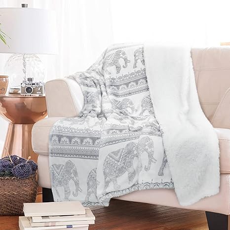 Elefantendecke Aus Sherpa-Fleece, Grau Mit Mandala-Blumenmuster – 152 X 203 Cm, Kuschelig & Waschbar