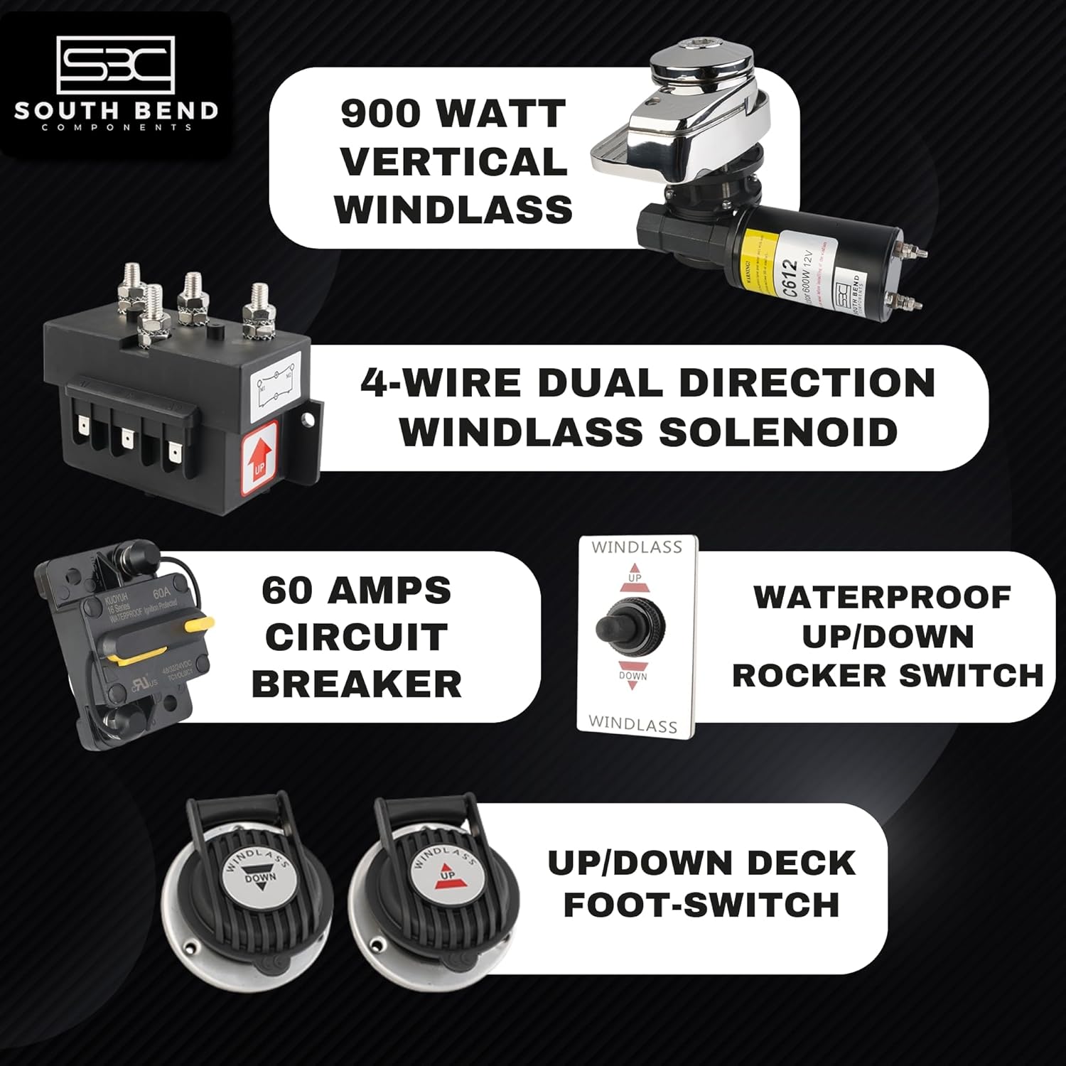 South Bend Components C912 Vertical Windlass Anchor System - 900W 12V DC Motor, 1452 lbs Pulling Power, 316 Stainless Steel Housing, Chain 1/4 Inch HT G4 and Rope 1/2 Inch, Quiet for Boats 20-35 ft
