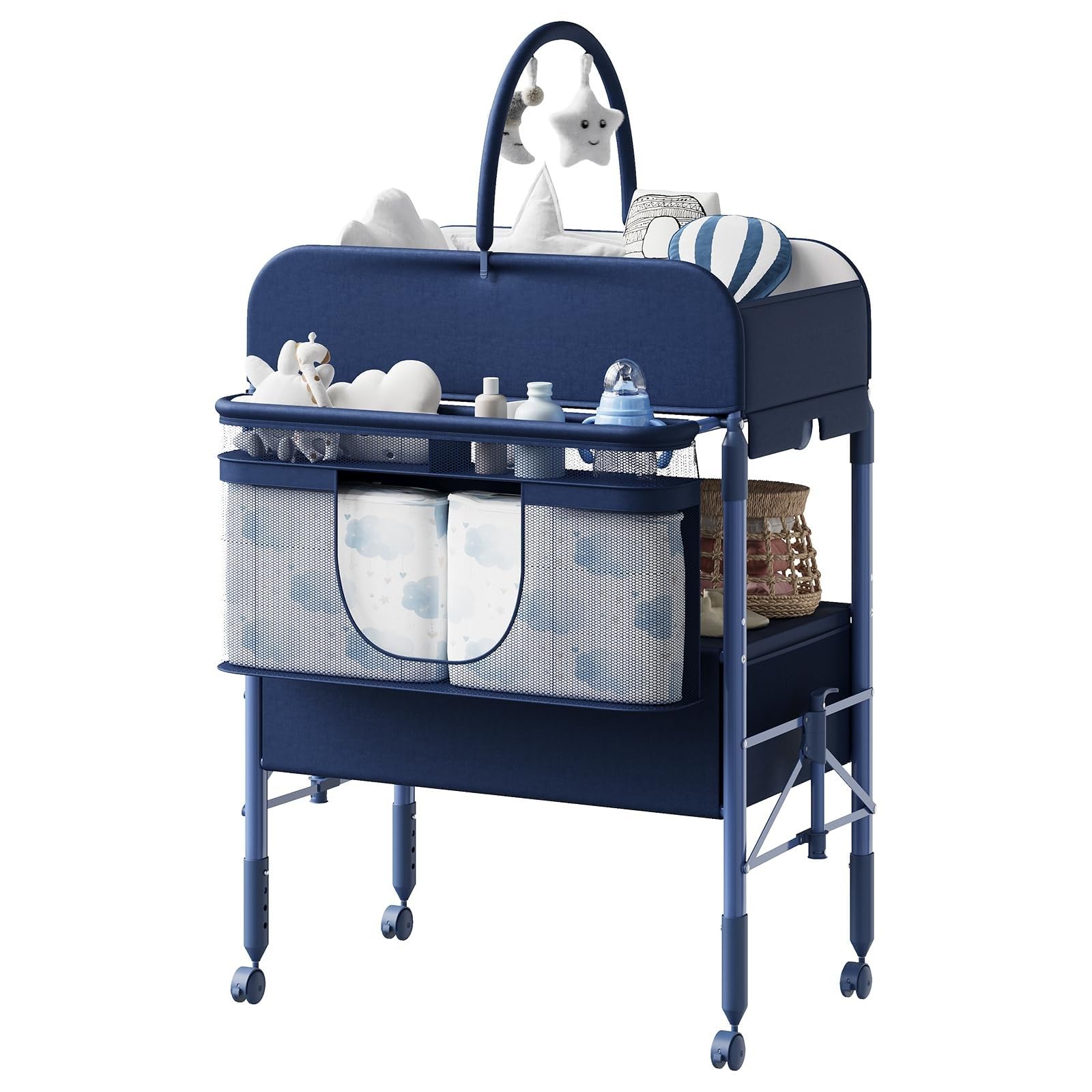 Table à Langer Bébé Pliante, 2 Tiroirs, 4 Hauteurs Réglables, 4 Roulettes Verrouillables, Ceinture De Sécurité, Matelas Imperméable, Mesure De La Hauteur, Bleu