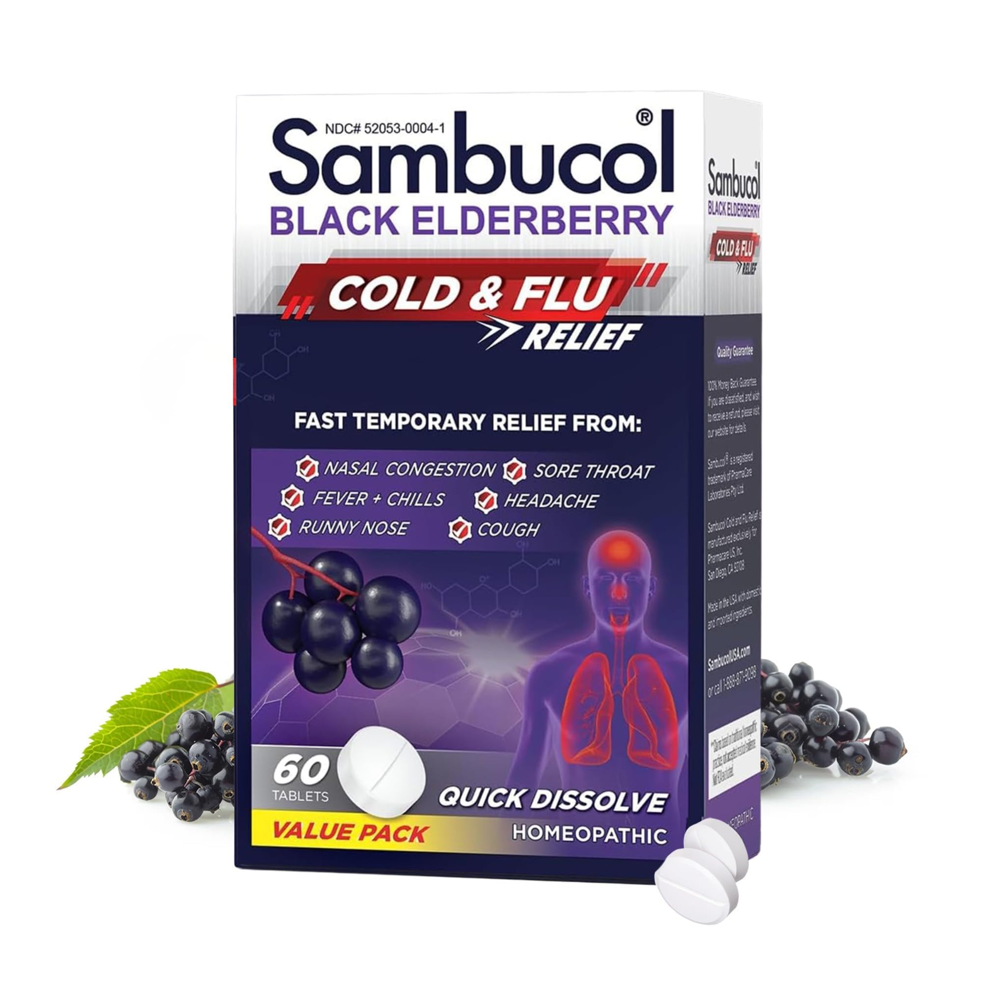 Sambucol Cold and Flu Relief Tablets, Homeopathic Black Elderberry, 60 Tabs