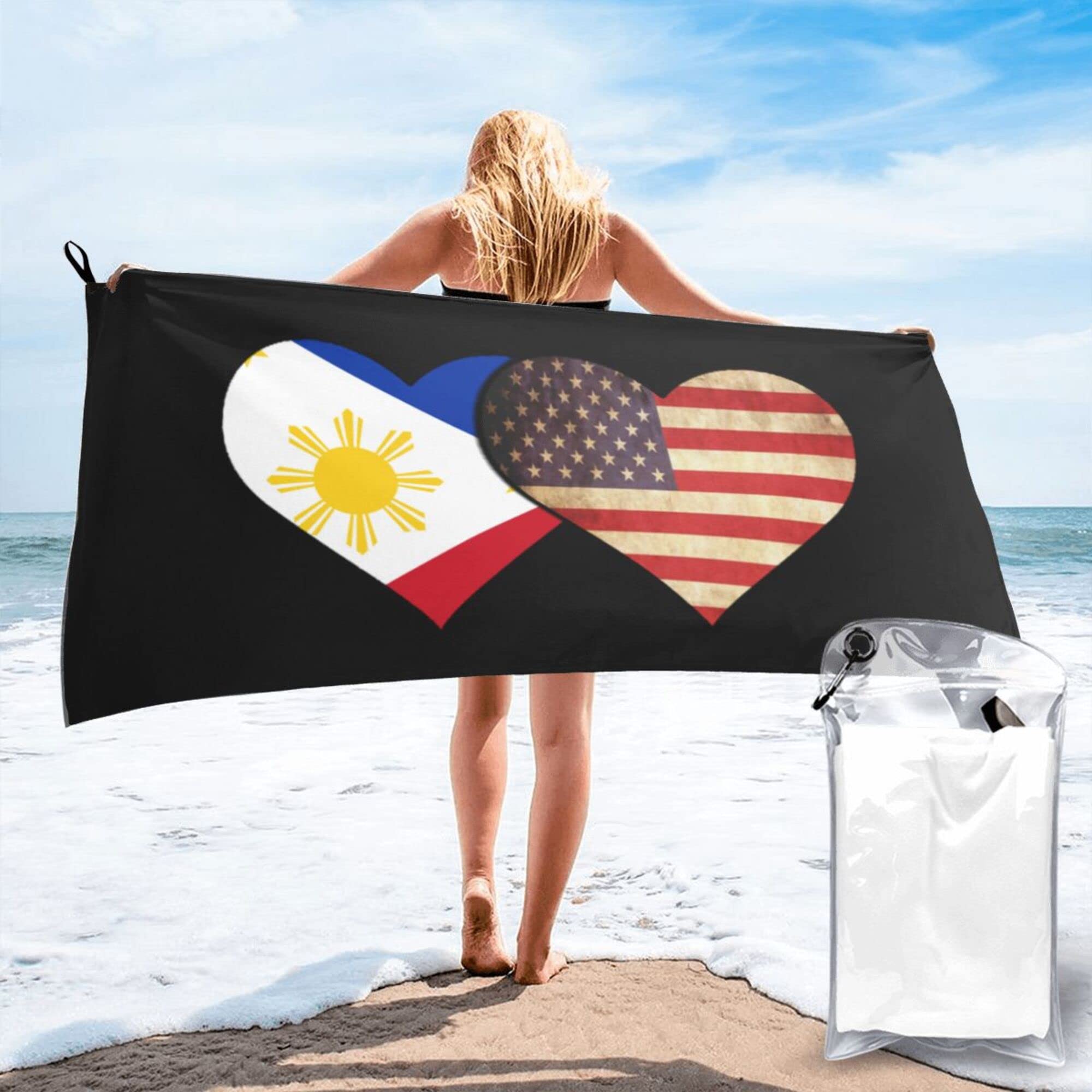 Lsjuee Philippines Flag and American Flag Microfiber Beach Towel-Quick Dry Oversized Towels Blanket for Travel Pool Camping