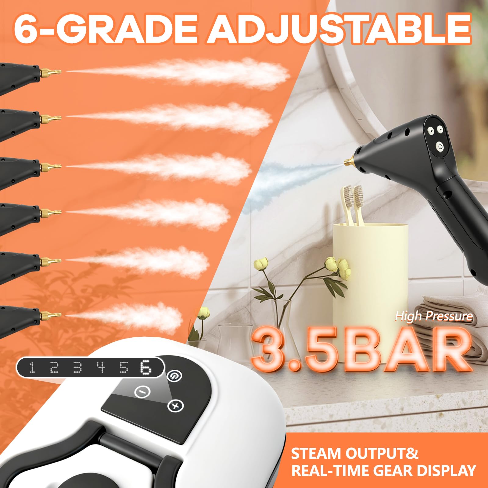 Vaporeta Limpieza Hogar 2500W, Limpiador a vapor multifuncional de alta temperatura para el hogar, Vaporeta de Mano con Depósito de Agua 1200ML, Mango Regulable en 6 Niveles (Blanco y negro)