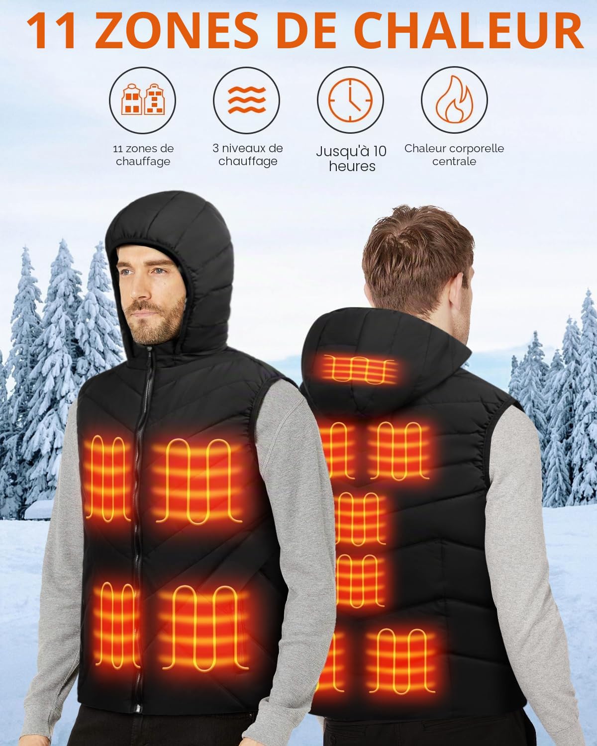 Gilet Chauffant Homme et Femmes, Imperméable et Lavable Veste Chauffante Électrique avec 11 Zones de Chauffage,Chapeau Amovible,3 Niveaux de Température pour L'extérieur
