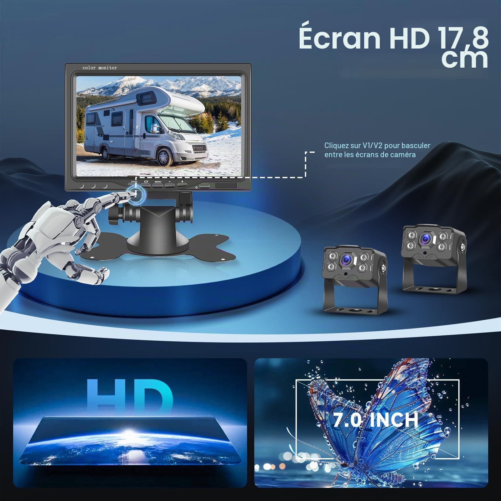 Caméra de Recul 1080P HD Moniteur IPS 7 Pouces Kit 2 caméras, Camera Recul Voiture Étanche IP68 IR Vision Nocturne pour Camions, Bus, Camionnettes, Camping-Cars, Câble 10M+Câble 15M