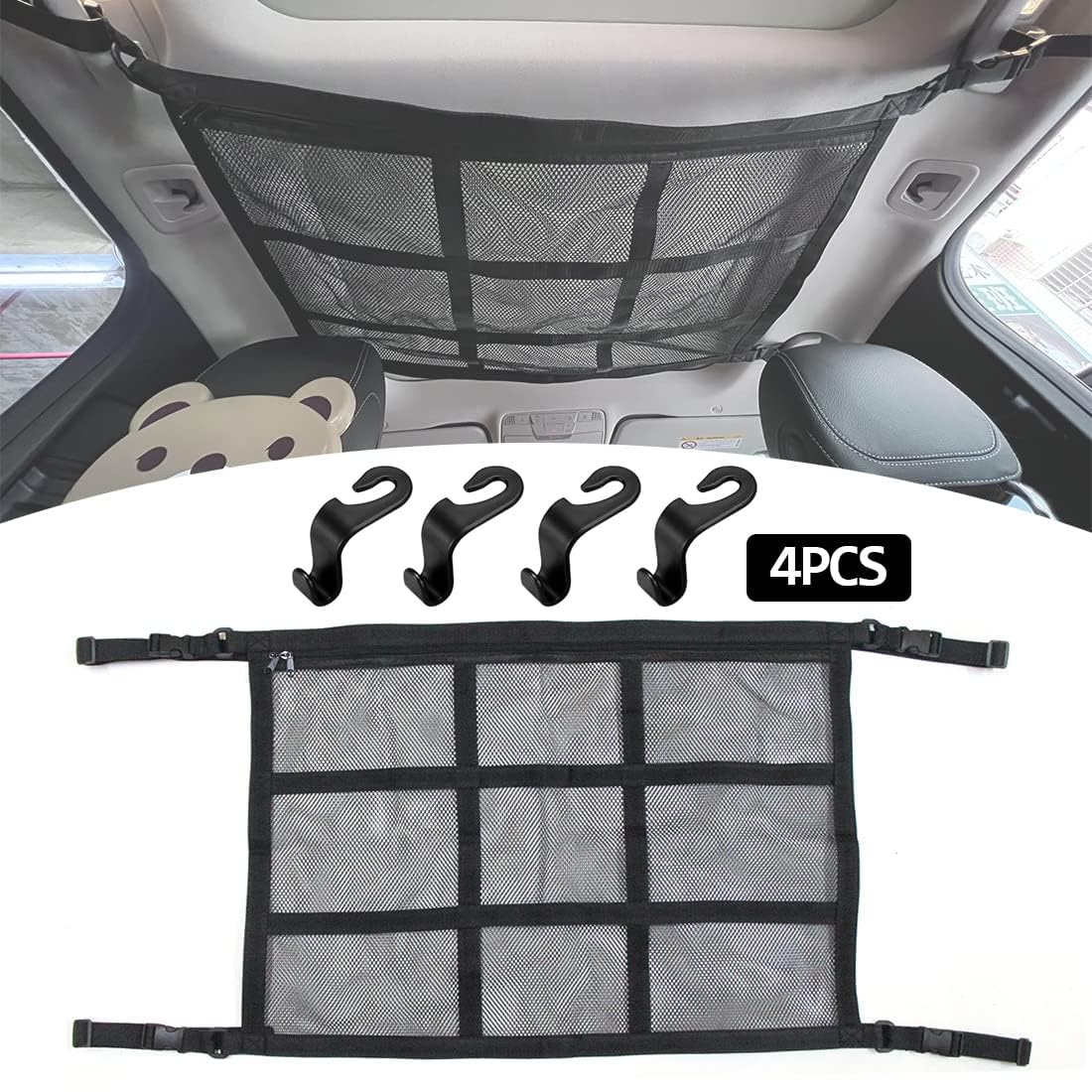 Car Roof Storage Net Car Roof Storage Net Car Interior Universal Mesh Bag Organiser with Adjustable Drawstring Zip Cargo Net Includes 4 x Headrest Hooks