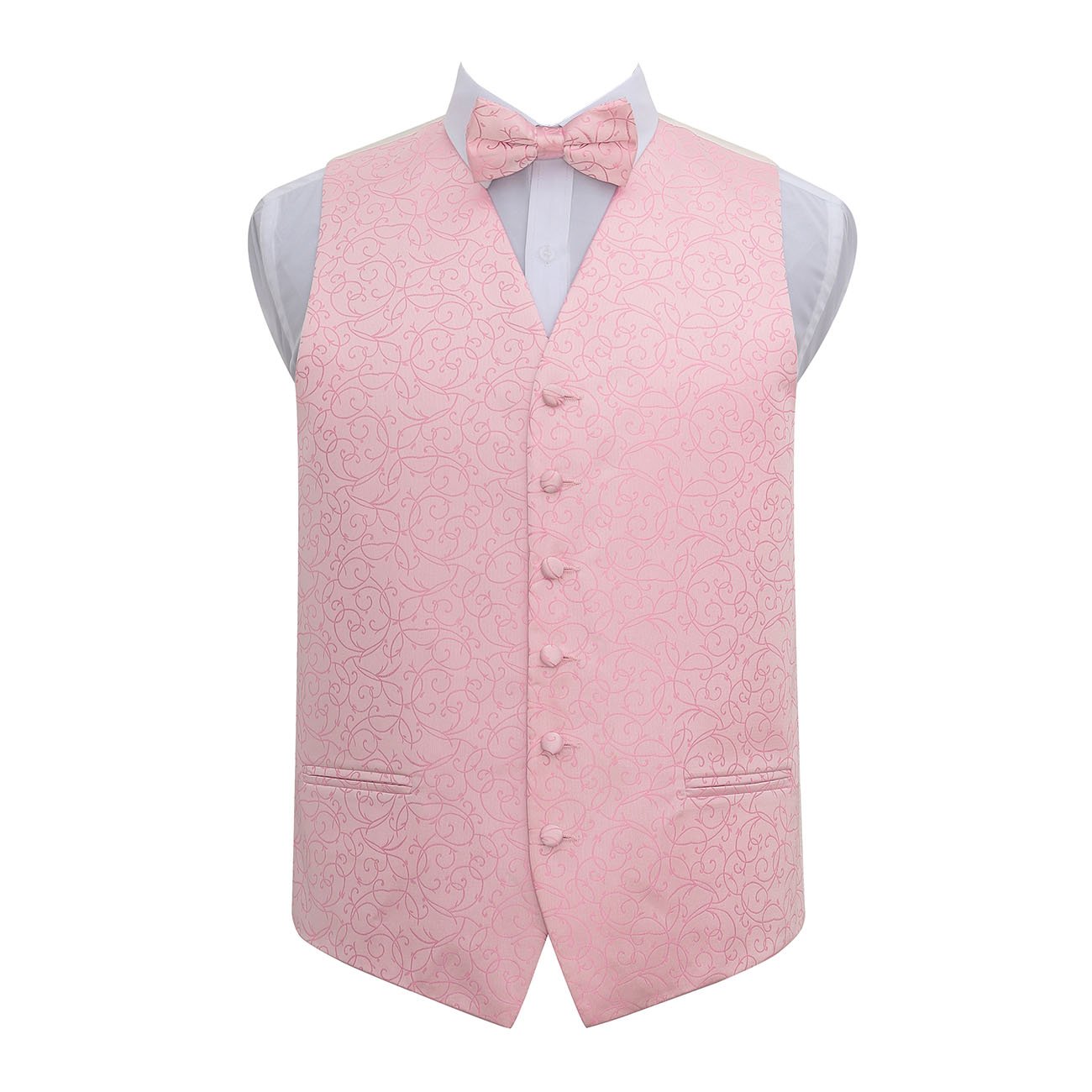Dqt Men's Baby Pink Woven Swirl Floral Wedding Waistcoat Vest & Bow Tie Set For (Xxl, )