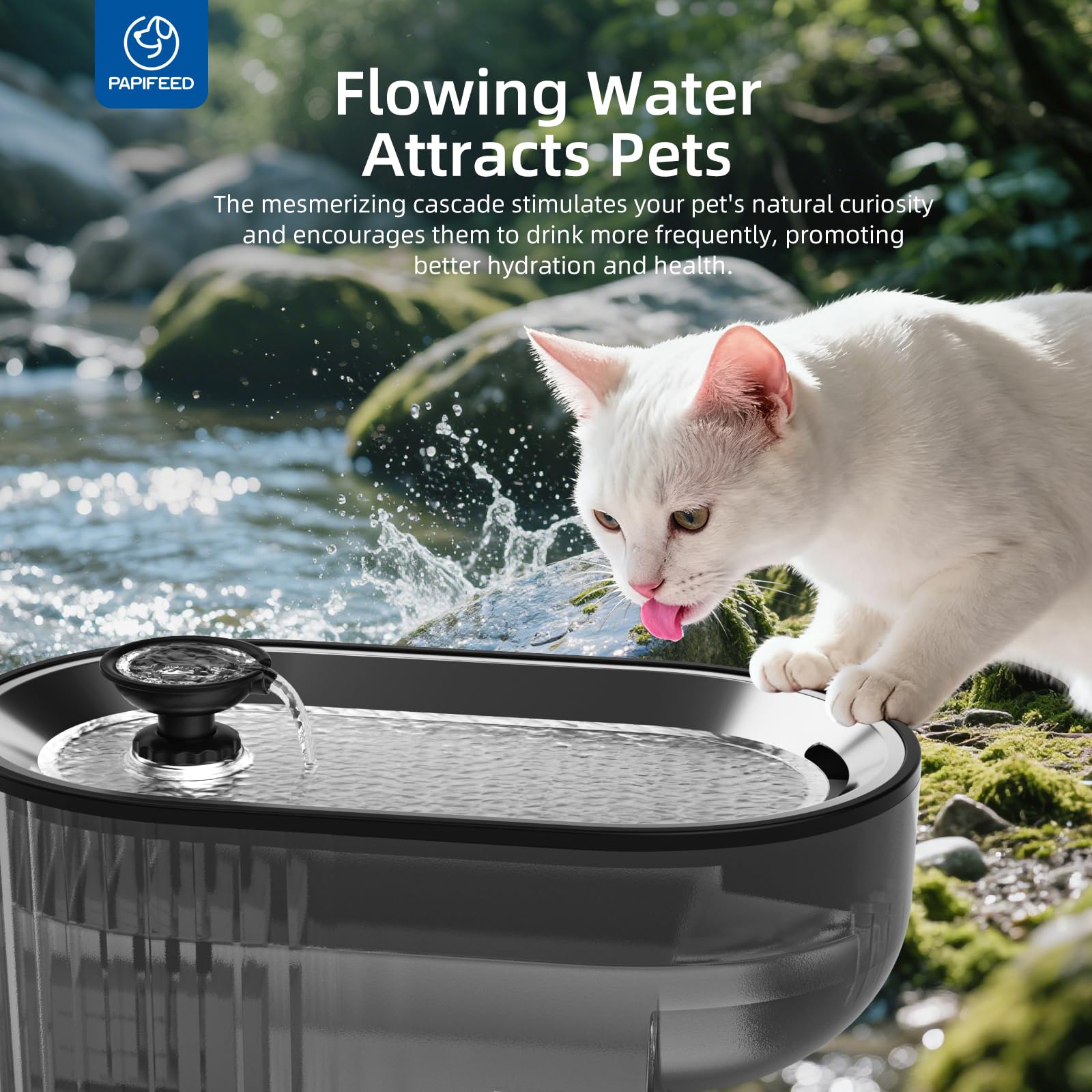 Cat Water Fountain Stainless Steel with a Silicone Mat, 84oz/2.5L Automatic Cat Water Fountain with Water Level Window and LED Light, Quiet Low Power Cat Water Bowl & Cat Water Dispenser(Black) - image 4
