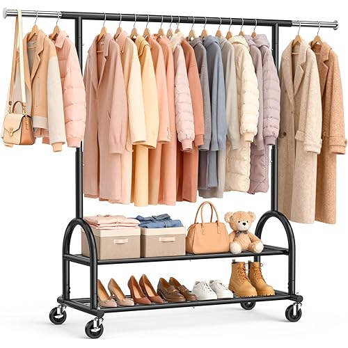 EAGMAK Heavy Duty Clothes Rack for Hanging Clothes Load 556 LBS, Height Adjustable Rolling Clothing Racks, Portable Metal Coat Rack Garment Wardrobe with Wheels and Shelves for Bedroom Laundry, Black