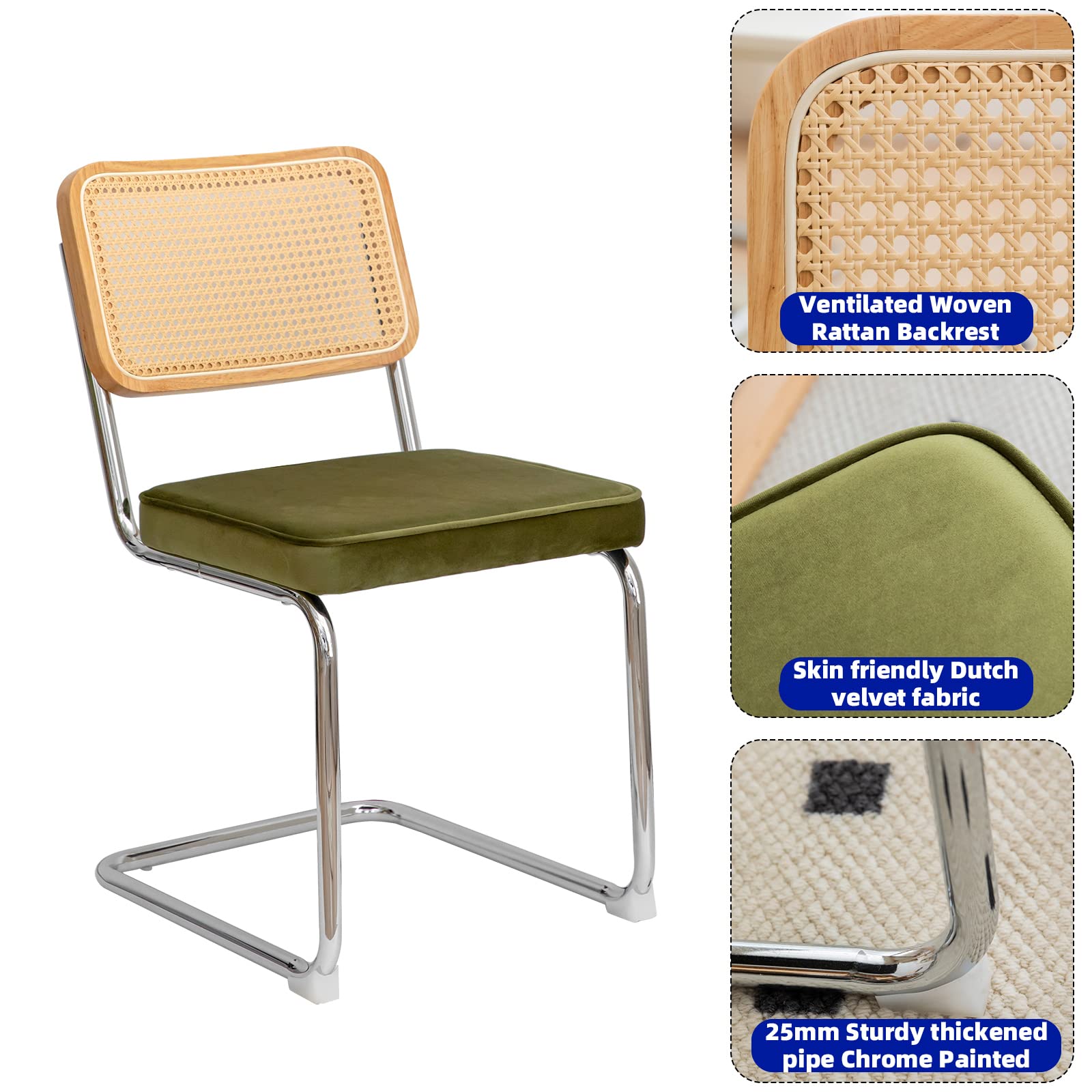 Bladez Juego de 4 sillas de comedor cantilever de terciopelo y ratán, trenzado vienés, con estructura cromada, sillas cantilever Mid-Century, para comedor, sala de estar (verde)