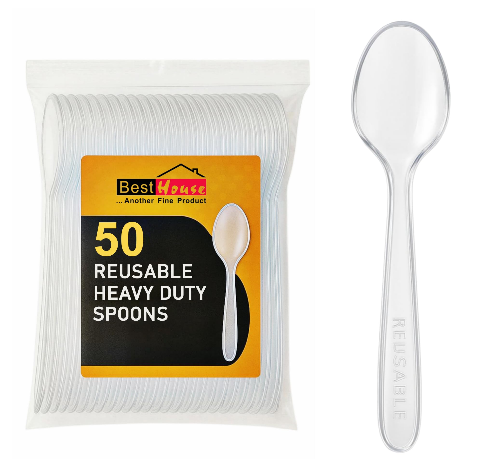 BH | Reusable Plastic Clear Spoons | Pack of 50 | Durable Washable Cutlery Spoons Set | for Weddings, Events, Birthday, Parties, Picnics, BBQ's, Camping, and Everyday Use - By Best House — image 1