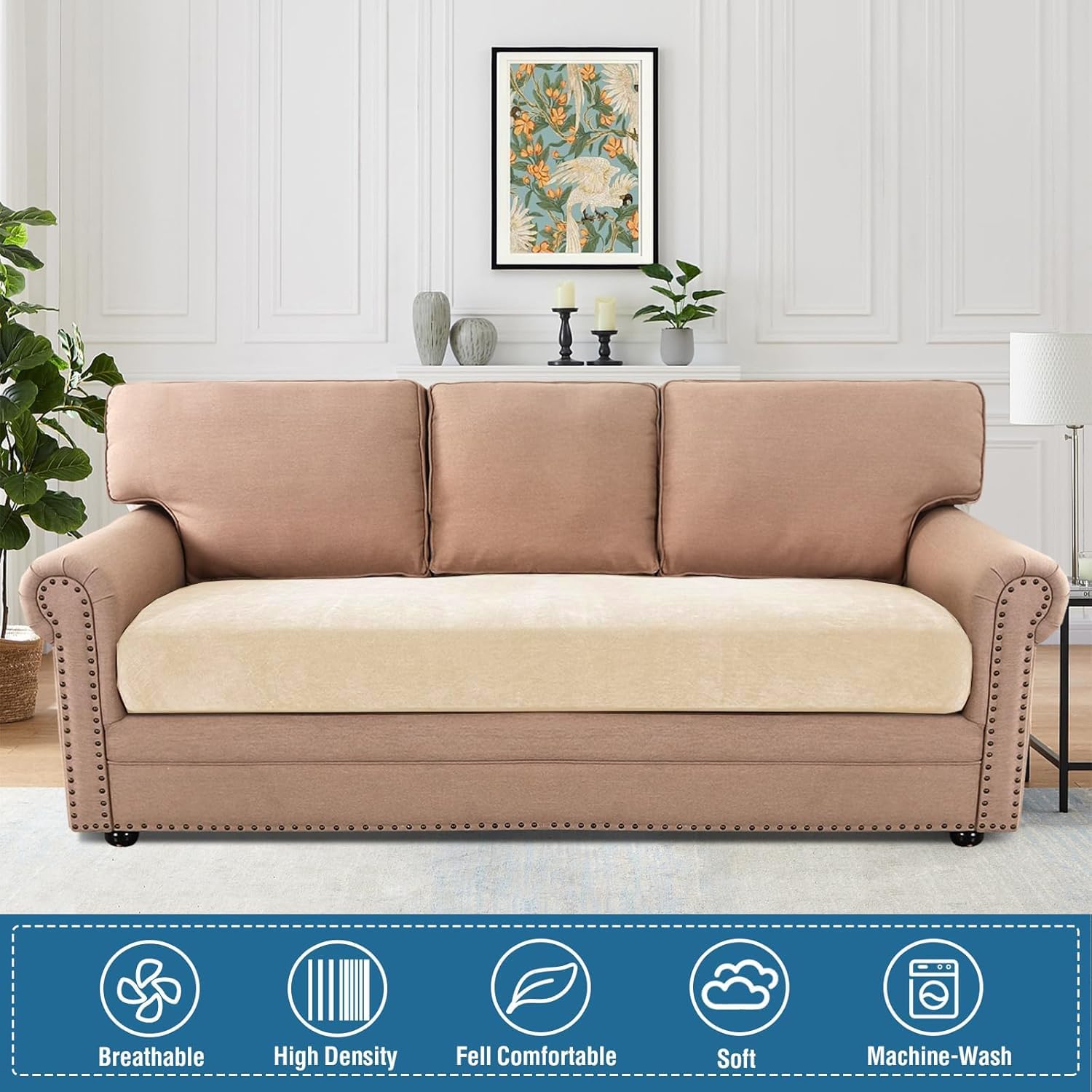 H.VERSAILTEX Stretch Mixed-Color Chenille Couch Cushion Cover Soft Sofa Covers Washable Thick Durable Cushion Covers for Couches and Sofas All Seasons Universal(3 Seater Sofa Cushion Cover,Cream)