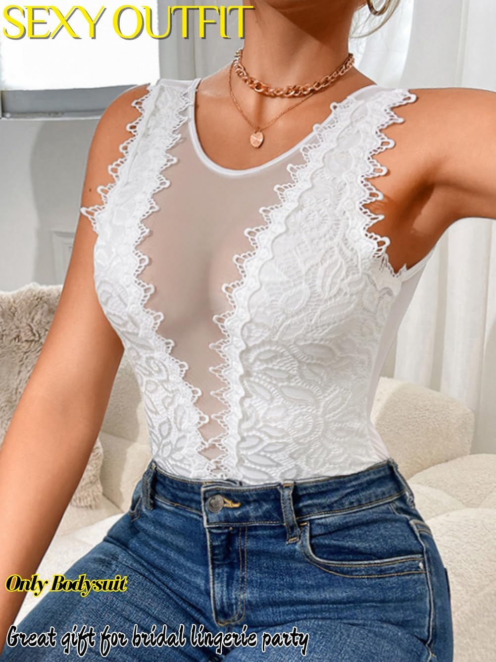 Sexy Women Lace Bodysuit,Snap Crotch Floral Sleeveless Plunge V Lingerie Sheer Mesh Top, Party Date Night Club Outfit - Image 6