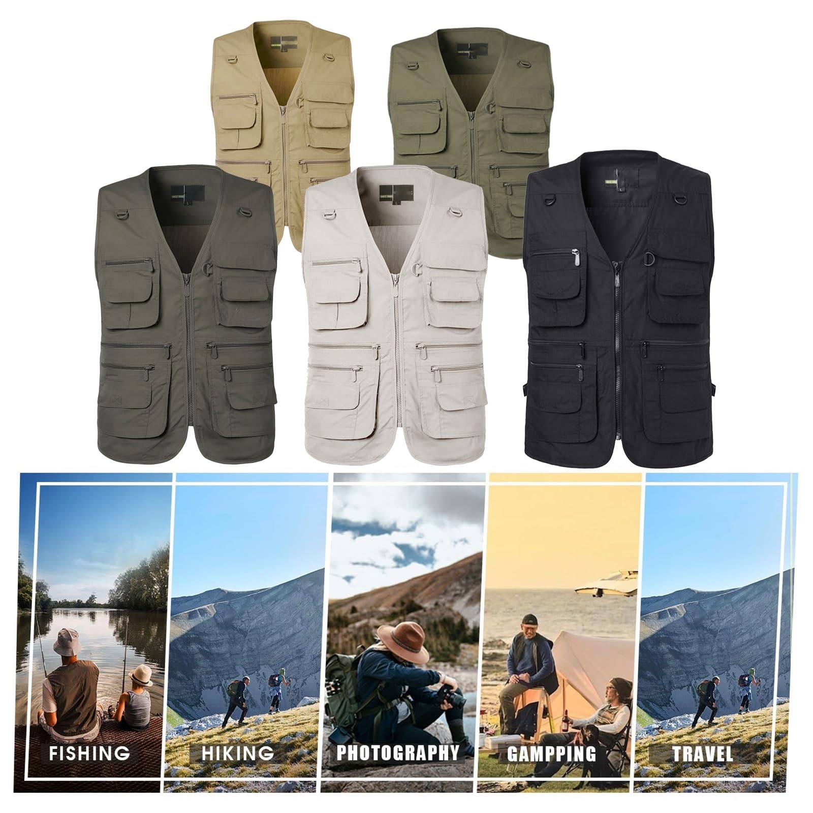 CLSQLXYJZC Gilet Multitasche Da Uomo, Gilet Cargo Casual Senza Maniche Con Scollo A V Multitasche In Rete Traspirante Con Cerniera Per Uomo, Utility Da Viaggio Trekking Tasche, Per Fotografia