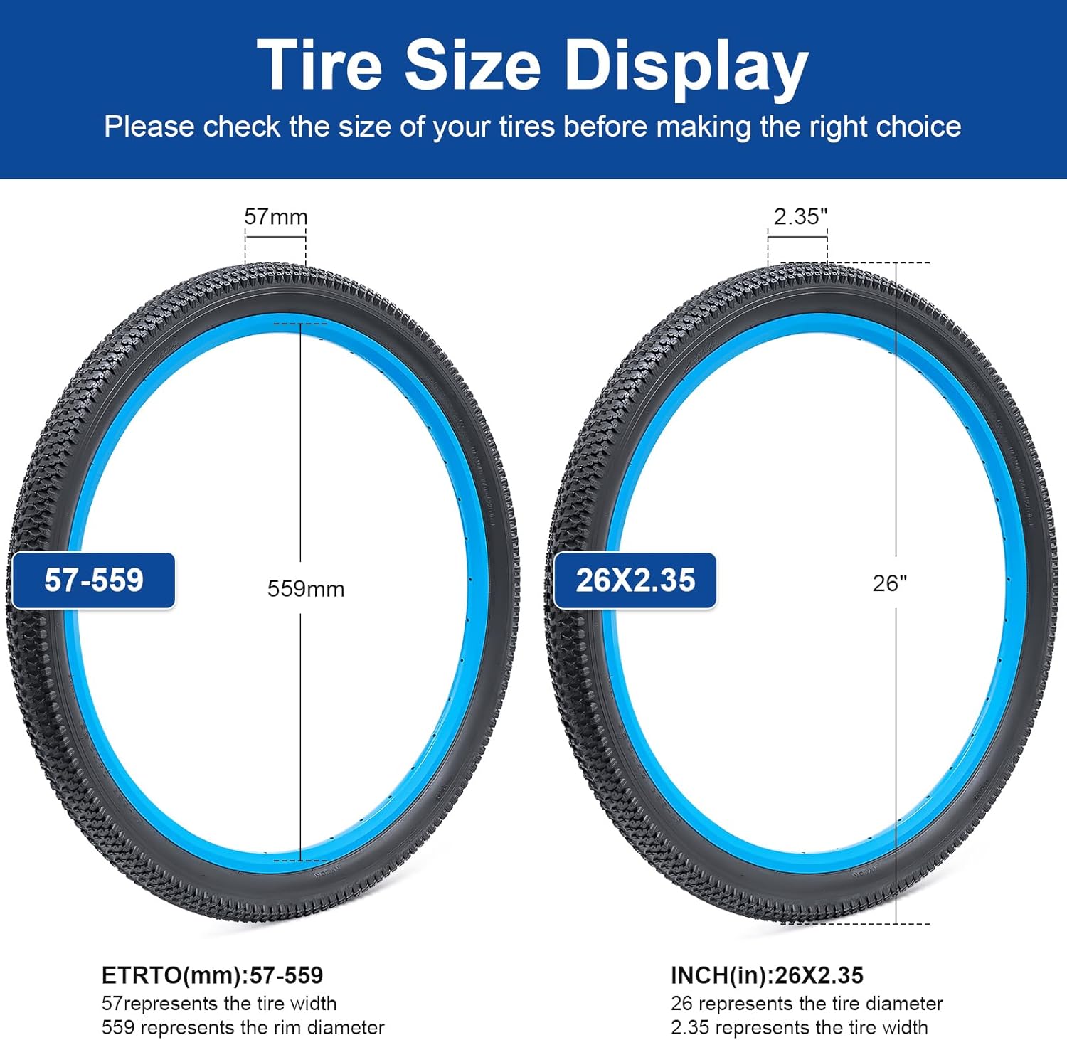 26x2.35 (57-559) Bike Tire 26 inch Bicycle tire Suitable for 26x2.30 26 x 2.35 Gravel/Off Road/Mountain Folding Replacement Bike Tire (Single)