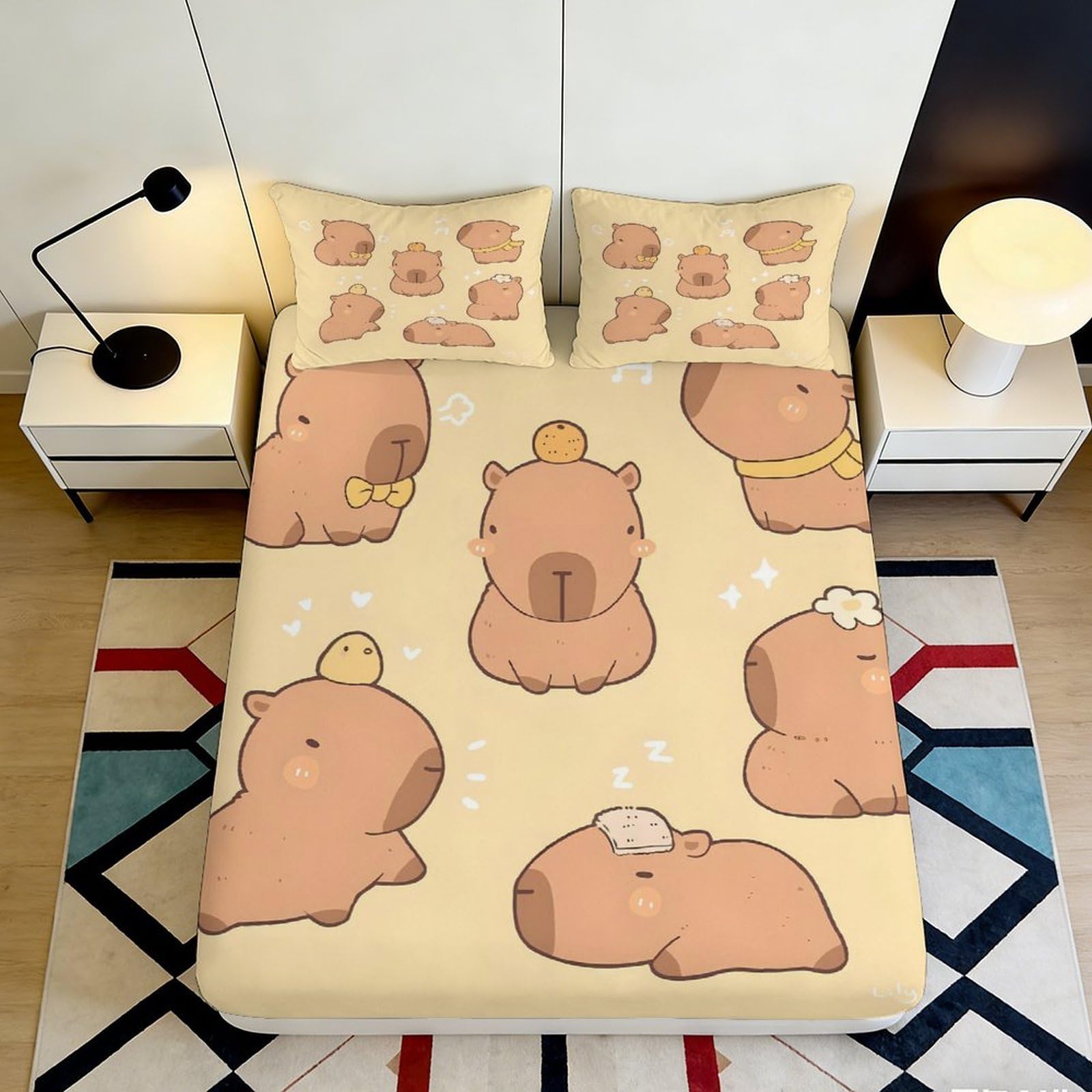 3D Printed Cute Capybara Animal Fitted Sheet Microfiber Non-Slip Yellow Cartoon Mattress Cover for Bedroom Dorm All Ages 120x200x25cm