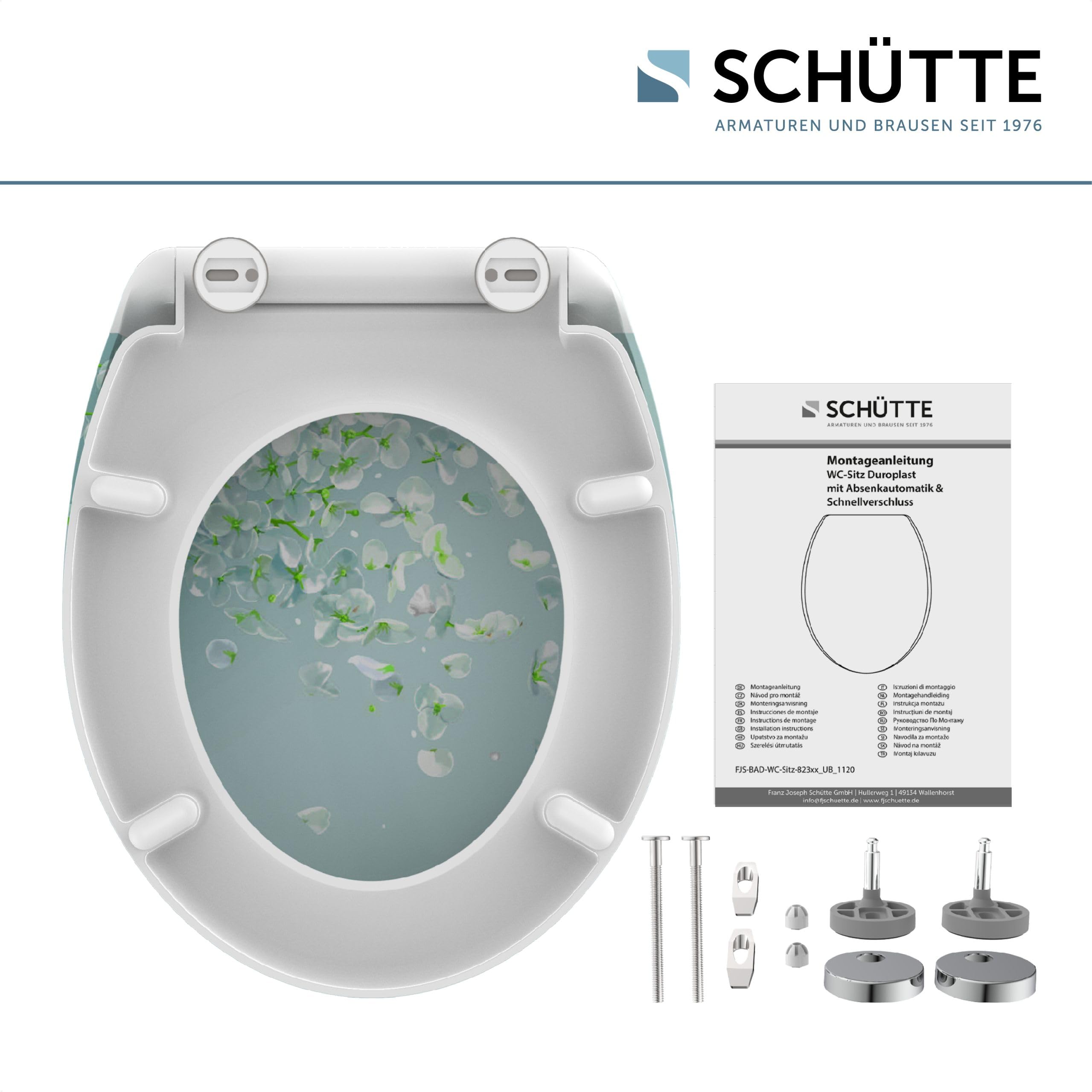Schütte Abattant WC avec Frein de Chute Déclipsable - Flower in the Wind | Duroplast résistant aux rayures, lunette WC frein de chute silencieux, compatible cuvette WC suspendue et sur pieds