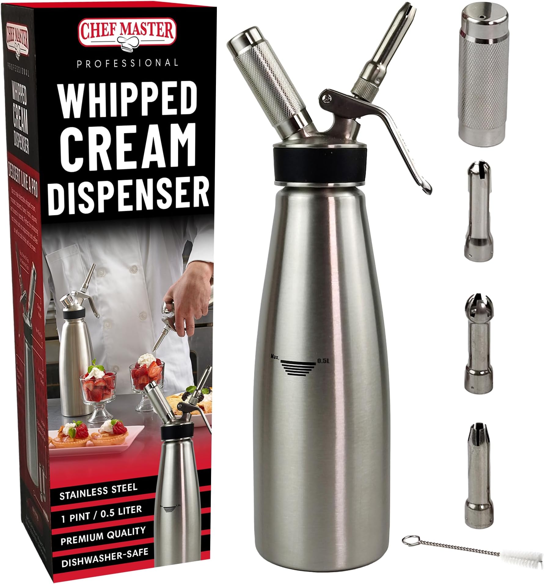 Chef Master (1 Pint / 0.5 Liter) Stainless Steel Whipped Cream Dispenser - Decorating Tips for Desserts, Latte + Cleaning Brush - Whip Cream Dispenser Canister for Home, Bakery or Restaurant - 90078