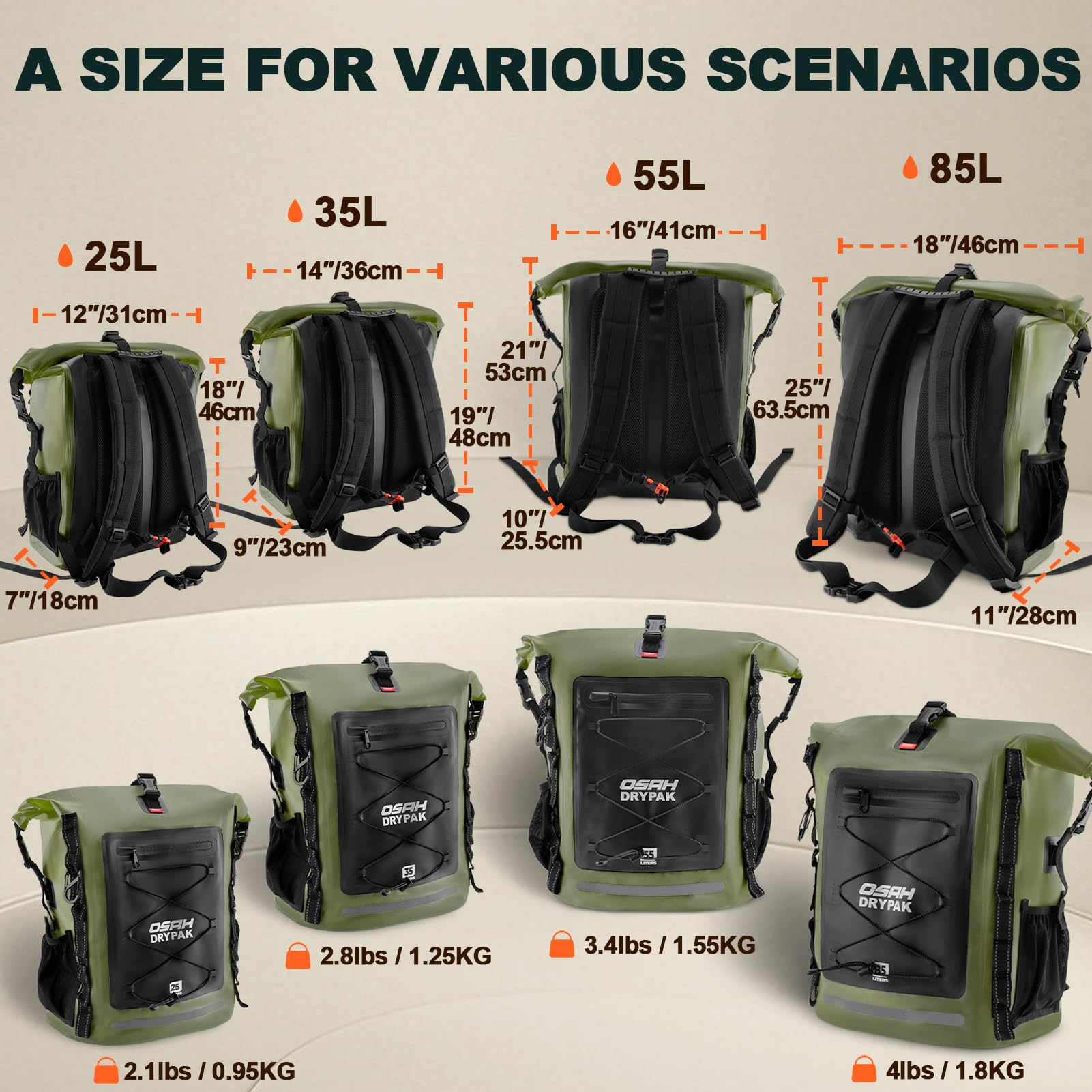 OSAH DRYPAK Sac à Dos Étanche Dry Bag 25L/35L/55L/85L – Sac Imperméable Roll-Top Résistant pour Randonnée, Garde l’Équipement au Sec pour Voyage, Kayak, Bateau, Camping, Rafting et Pêche