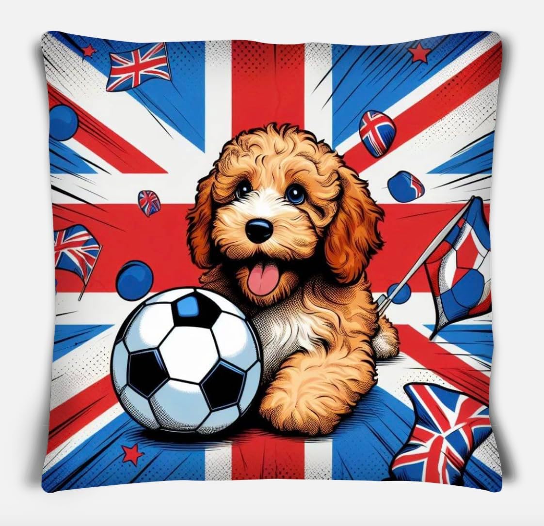 The Beach Stop Pop Art Union Jack Cockapoo Puppy Dog with Football Cushion Cover | Home Decor Inspo | Gift Idea for Cockerpoo Lovers | 45x45cm 18x18” | Cockapoo Football