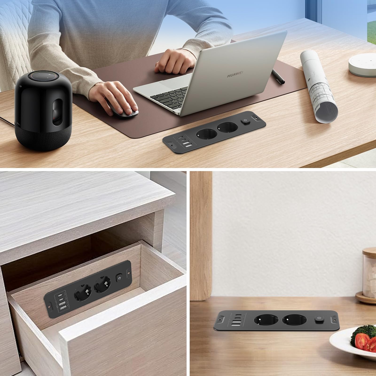 Gniazdo wpuszczane USB, 2 gniazdka stołowe z USB, 4 n 1, potrójne podtynkowe gniazdko z przedłużaczem 2 m z przełącznikiem, listwa zasilająca do biura, domu, kolor czarny