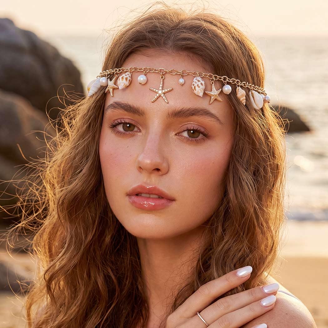 CAKURE Starfish Head Chain Gold Mermaid Headpiece Beachy Hair Accessories | Boho Beach Forehead Chain Mermaid Head Chains for Beach Wedding Halloween Party