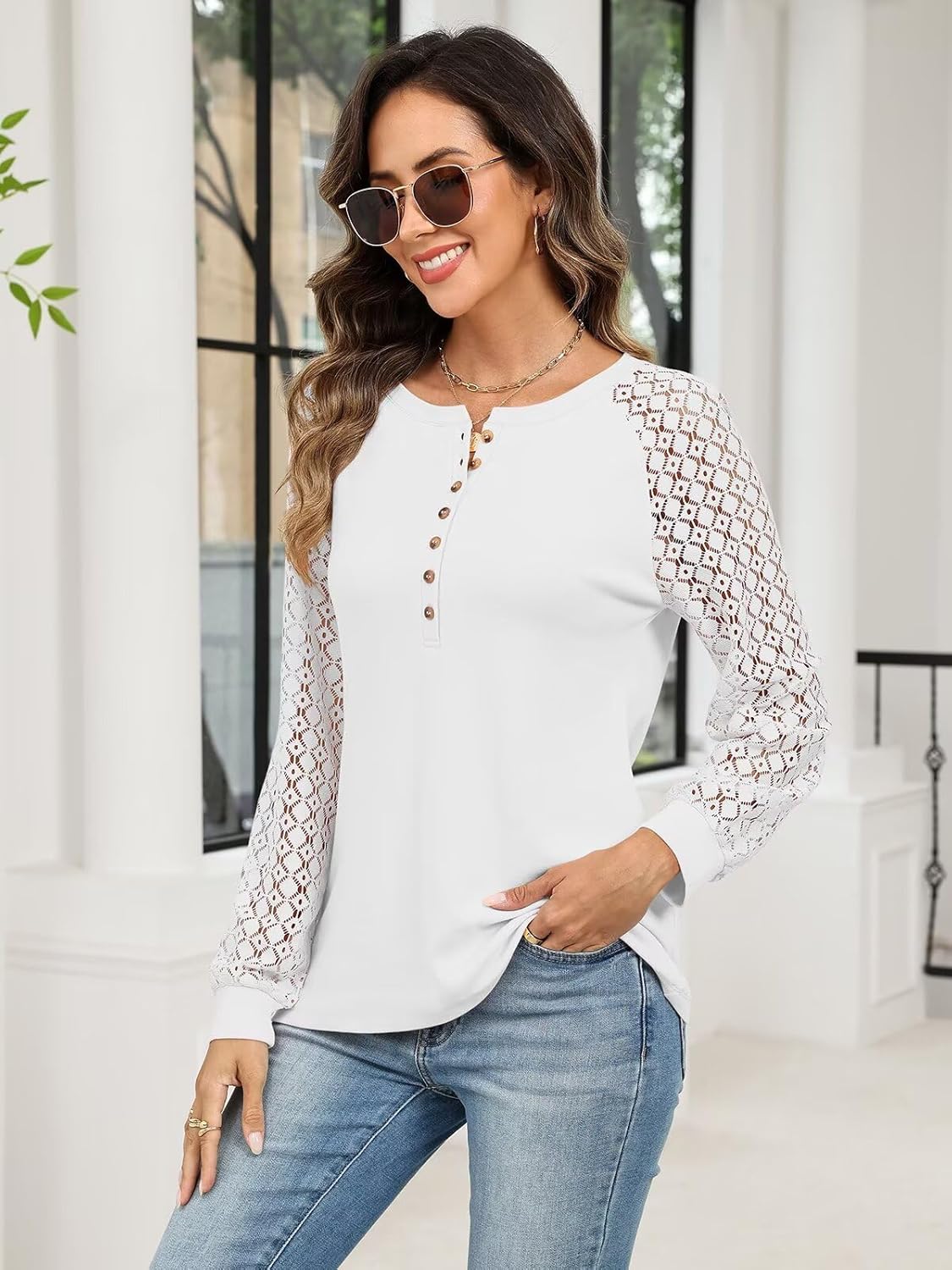 Women's Lace Long Sleeve Shirts Henley Crewneck Tops Business Casual Fall Blouses - Image 3