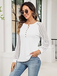 TICTICMISS Women's Lace Long Sleeve Shirts Henley Crewneck Tops Business Casual Fall Blouses