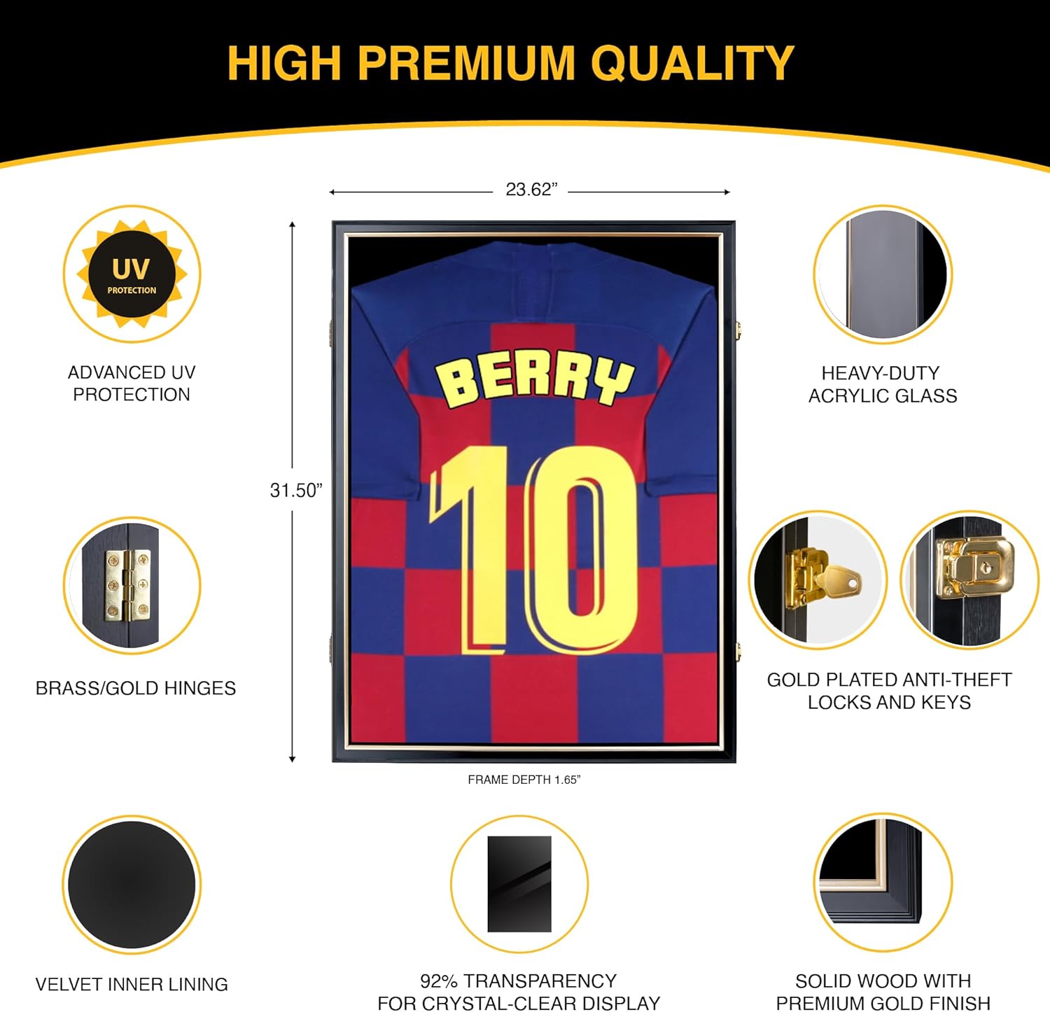Premium Sport Jersey Frame, Black and Gold Wooden Display Case, 98% UV Protected Acrylic Shadow Box, Shirt Frame Wall Display for Basketball, Football, Baseball, for Men - Image 2