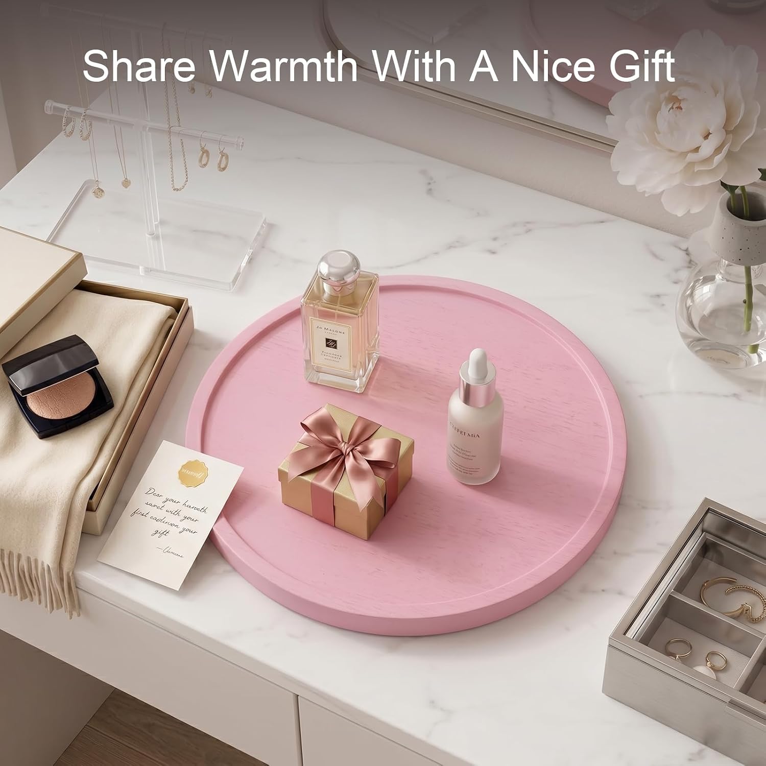 Lazy Susan Turntable Organizer, 12" Acacia Wood Decorative Tray, Pink image 3