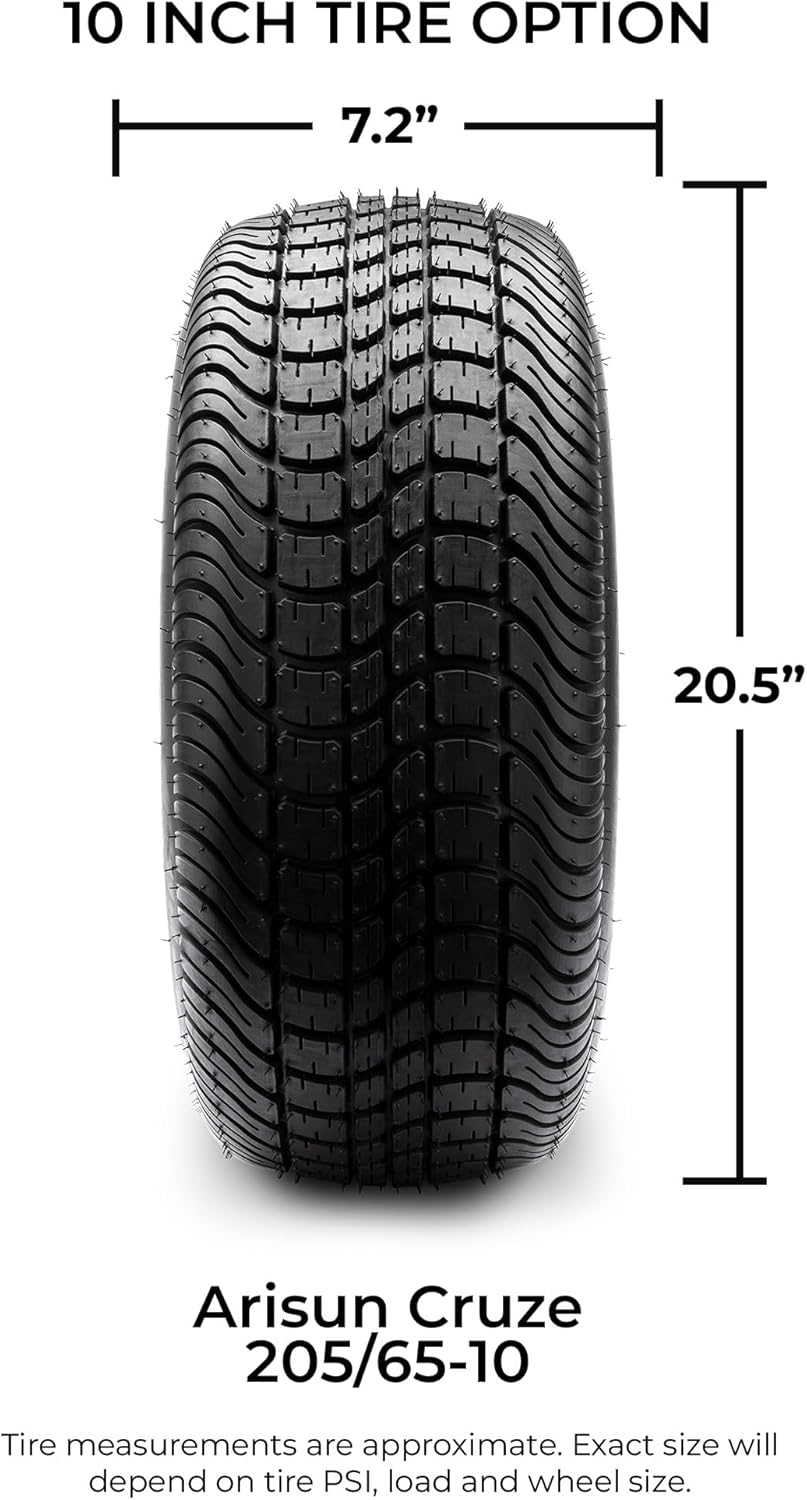 MODZ® Vampire Machined Black 10" Golf Cart Wheels and Arisun Cruze (205/65-10) DOT Low Profile Golf Cart Tires Combo - Set of 4