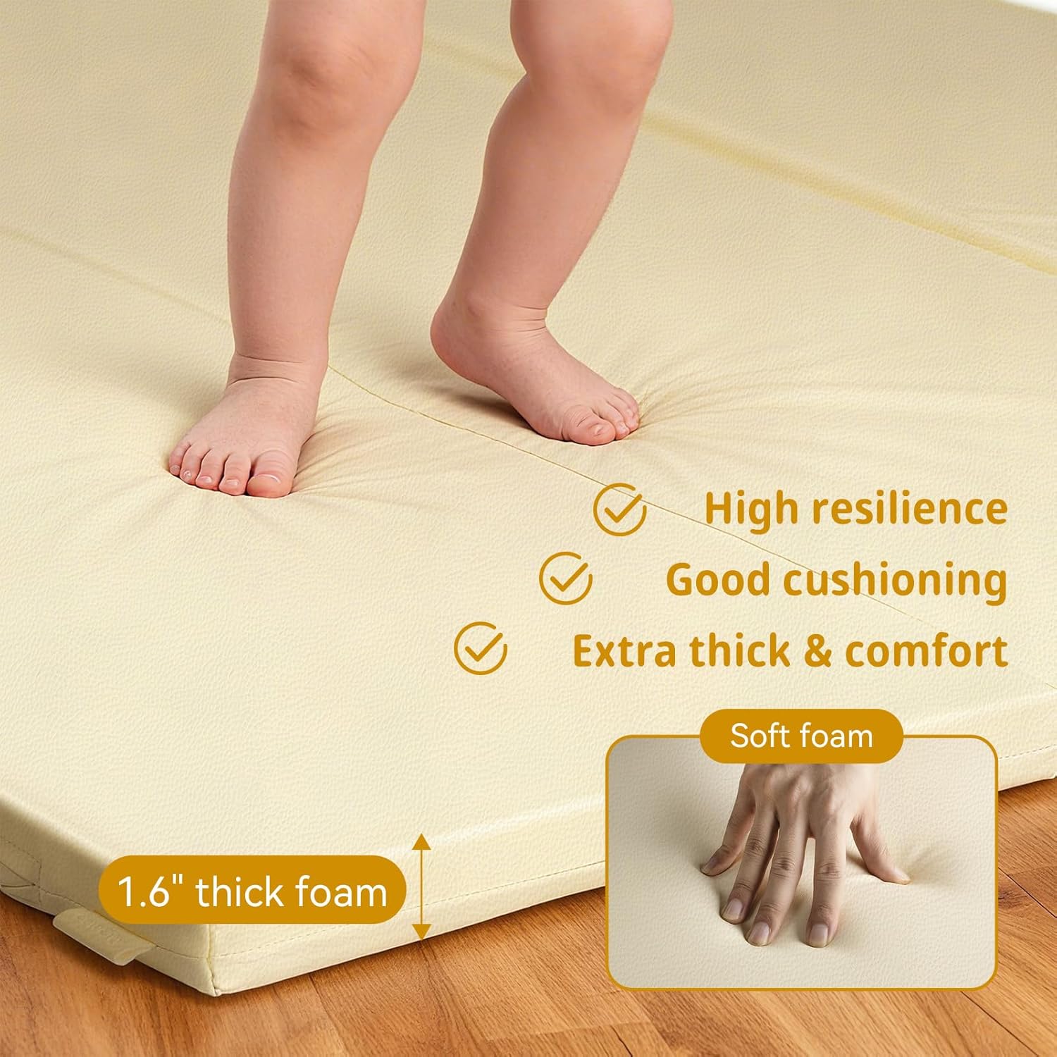 Baby Play Mat, 48 x 48 Inch Foldable PU Leather Waterproof Playpen Mat, 1.6" Extra Thick Foam Floor Mat for Infants and Toddlers, Non-slip Toddler Activity Playmat Cushion, Beige
