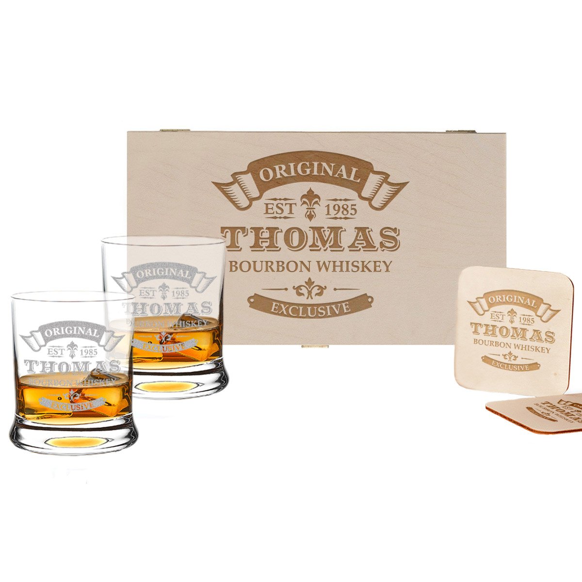 polar-effekt 5-TLG Whisky Geschenk-Set - 2 Leonardo Whiskygläser, 2 Untersetzer in Holzbox - Individueles Geschenkidee - Personalisiert mit Gravur - Motiv Original-Exklusive