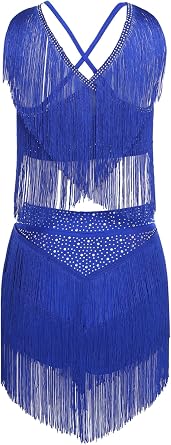 Women 2 Piece Set Lyrical Dance Costumes Sleeveless Crop Top + Tassels Skirt Salsa Latin Dance Dress