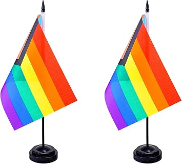 Pride Gay Desk Flag 12" Solid Pole Deluxe Set Progress Pride Rainbow Flags Banner Mini Small LGBTQ Office Table Flags with Black Stand Base Desktop Decorations2Pack