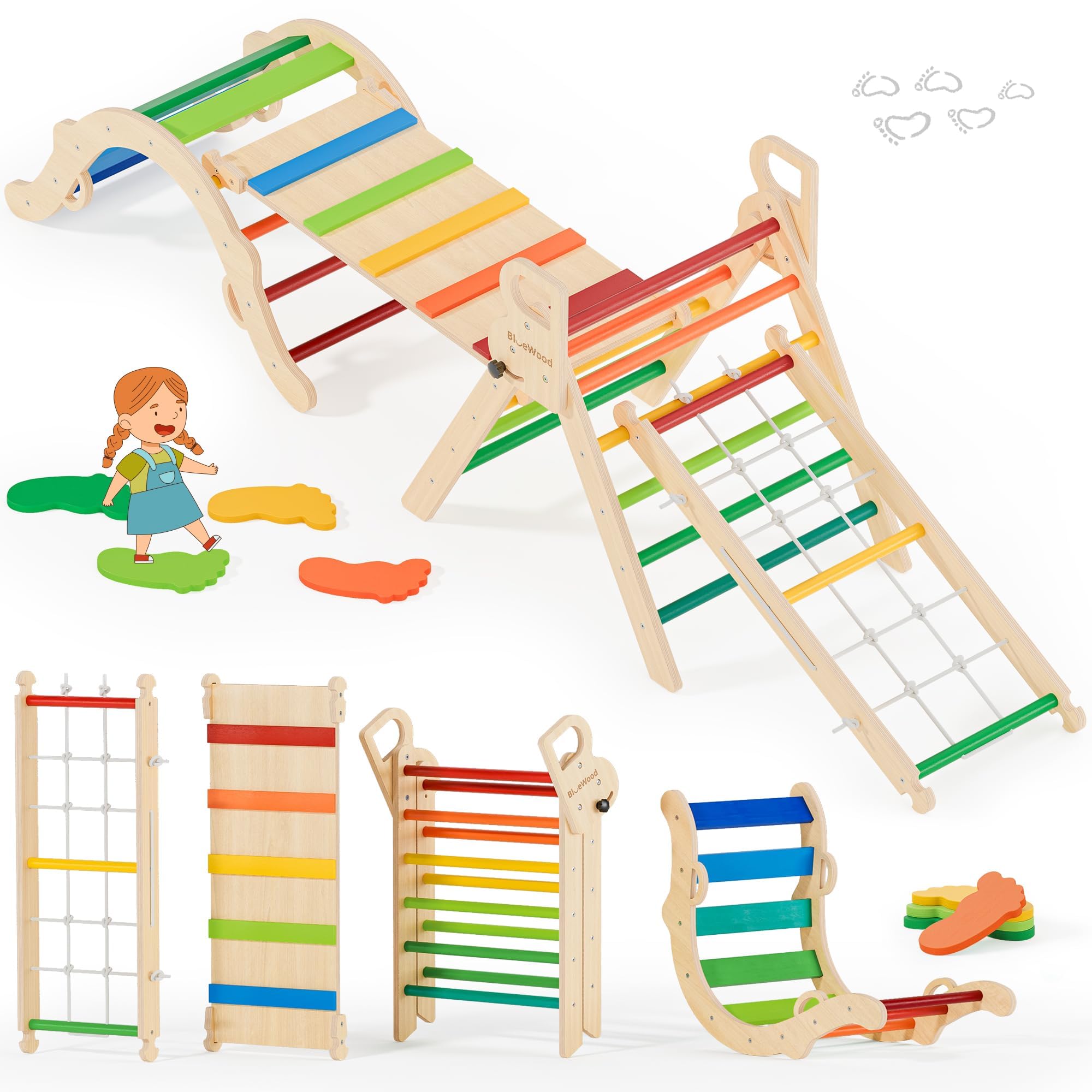 BlueWood 10-in-1 Pikler Triangle Set, Neon Aurora
