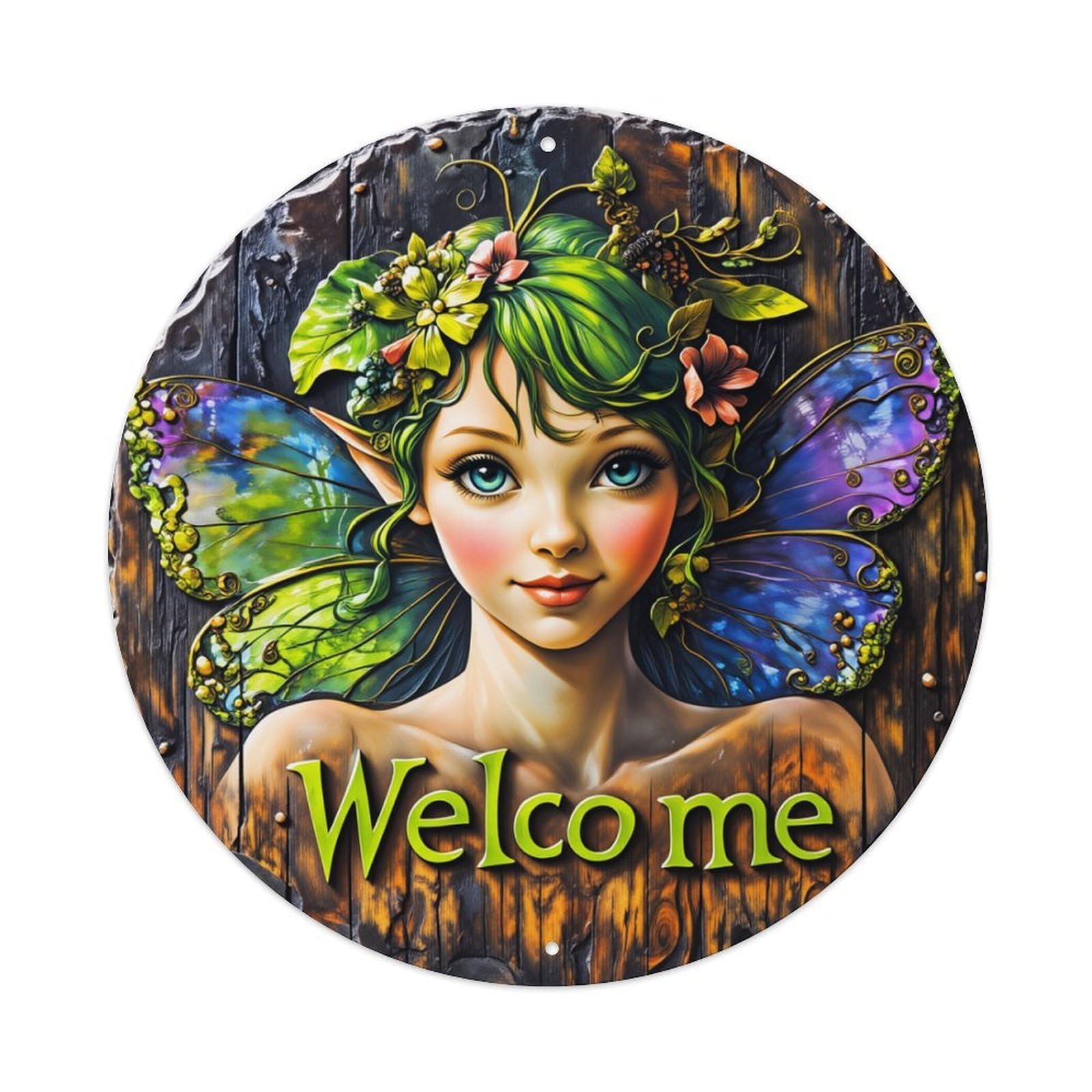 Fairy Wings Green Hair Flowers Round Tin Sign Retro Metal Sign for Cafe Bar Pub Home Game Room Gym Club Wall Decoration Vintage Metal Poster 8x8 Inch